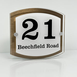 The Beechfield Modern House Sign with Perspex Acrylic Front, Brass Rear Panel and Satin Silver Stand Off Fixings ( Size - 20cm x 18cm - WHITE BACKGROUND BLACK TEXT )