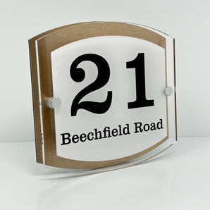 The Beechfield Modern House Sign with Perspex Acrylic Front, Brass Rear Panel and Satin Silver Stand Off Fixings ( Size - 20cm x 18cm - WHITE BACKGROUND BLACK TEXT )