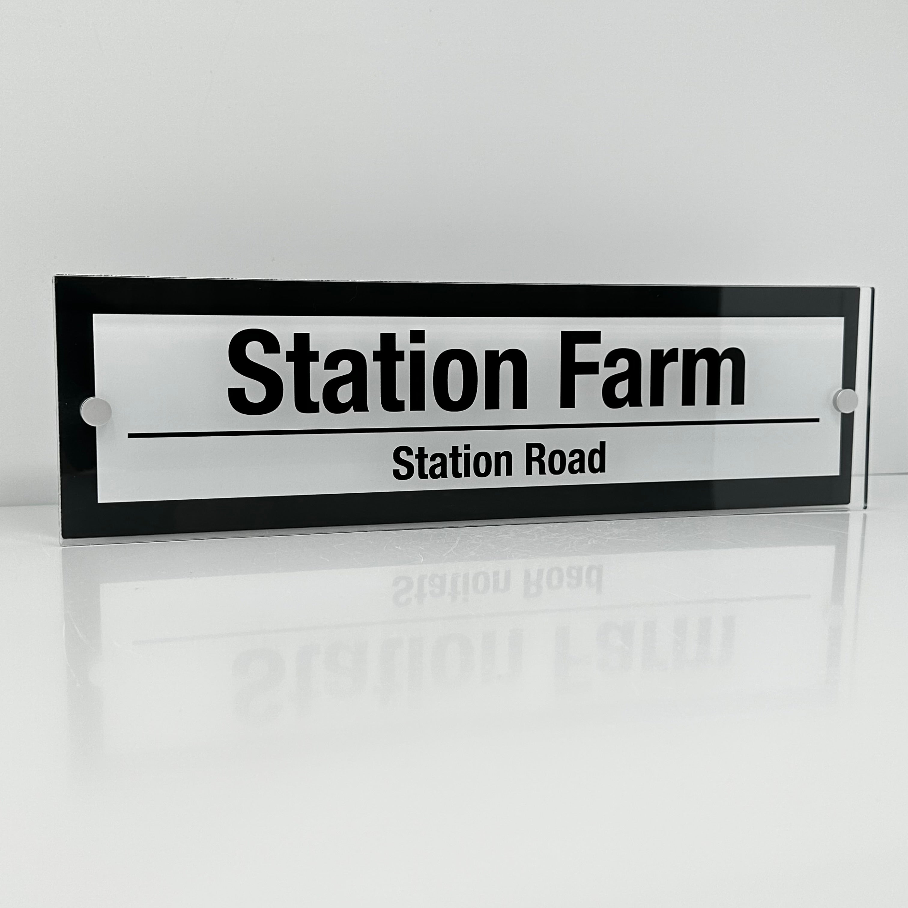 The Station Farm Modern House Sign with Perspex Acrylic Front, Anthracite Grey Rear Panel and Satin Silver Stand Off Fixings ( Size - 42cm x 12cm - WHITE BACKGROUND BLACK TEXT )