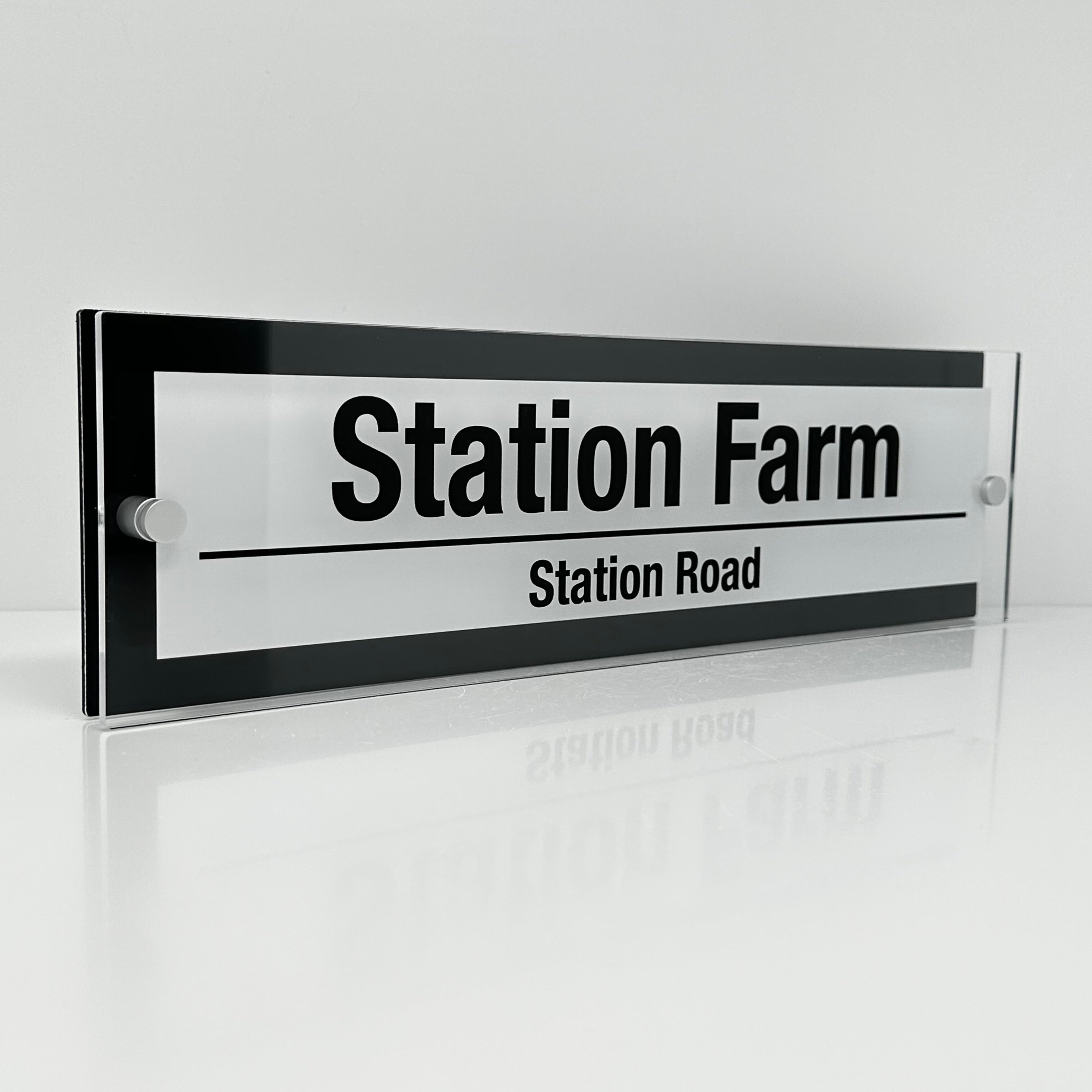 The Station Farm Modern House Sign with Perspex Acrylic Front, Anthracite Grey Rear Panel and Satin Silver Stand Off Fixings ( Size - 42cm x 12cm - WHITE BACKGROUND BLACK TEXT )