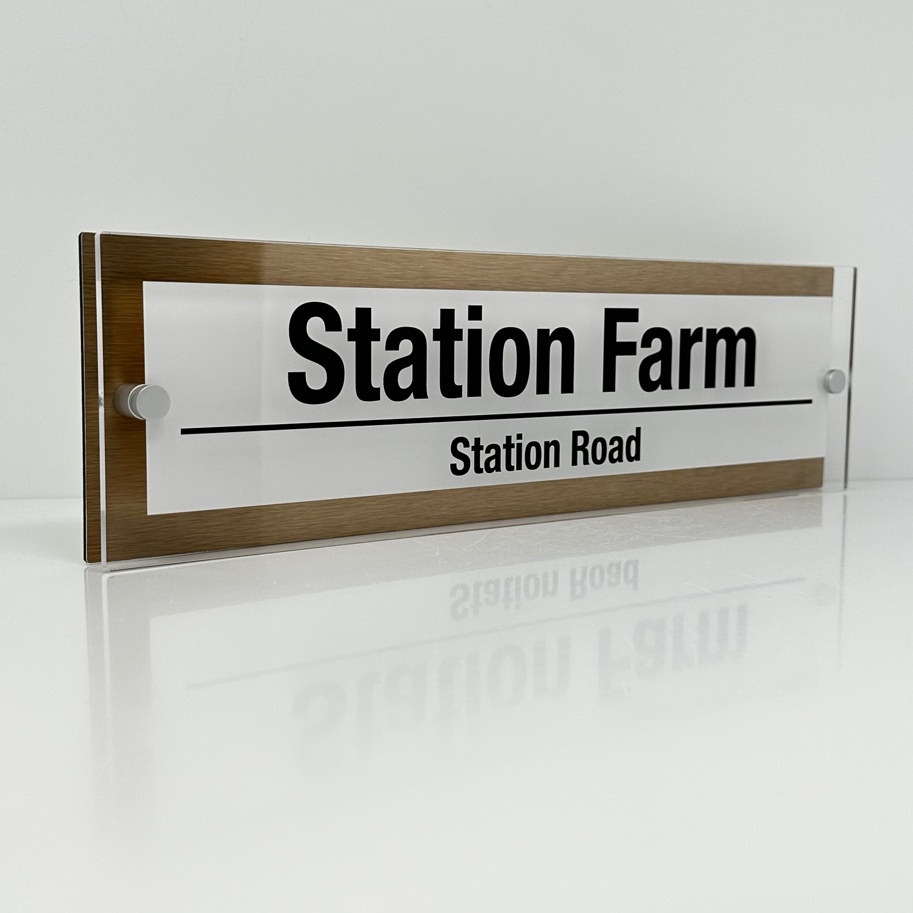 The Station Farm Modern House Sign with Perspex Acrylic Front, Brass Rear Panel and Satin Silver Stand Off Fixings ( Size - 42cm x 12cm - WHITE BACKGROUND BLACK TEXT )