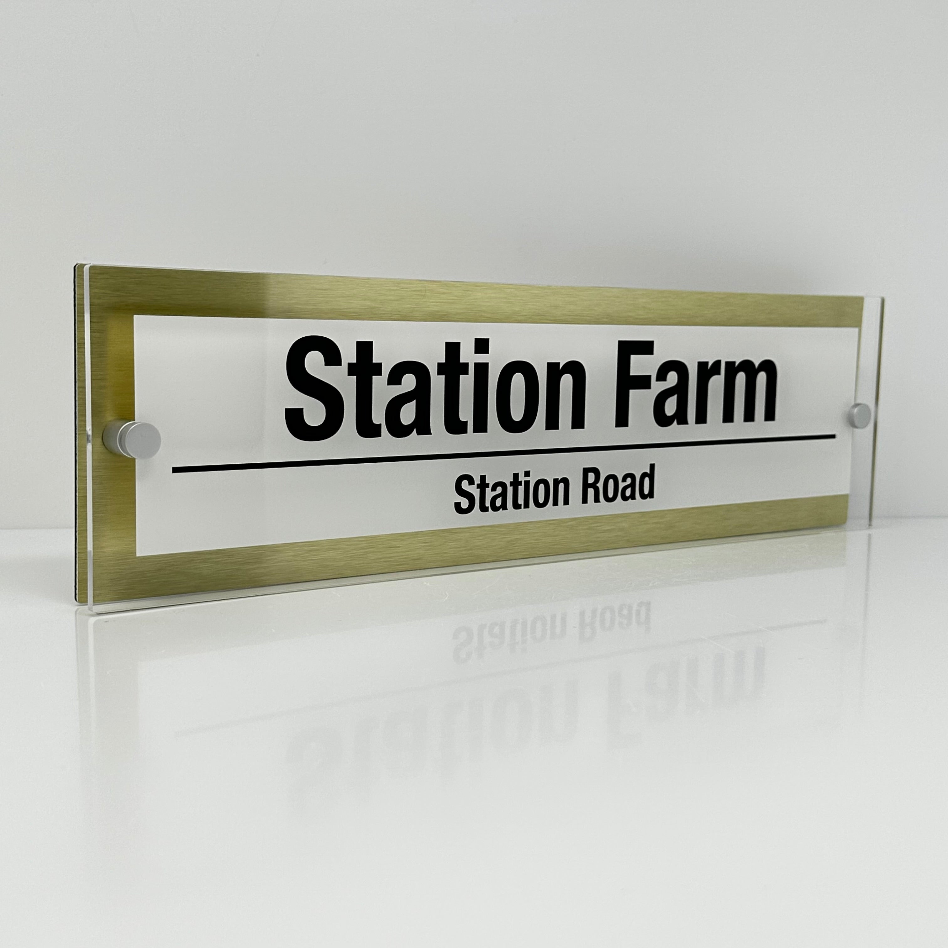 The Station Farm Modern House Sign with Perspex Acrylic Front, Gold Rear Panel and Satin Silver Stand Off Fixings ( Size - 42cm x 12cm - WHITE BACKGROUND BLACK TEXT )
