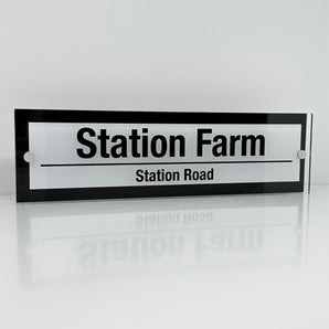 The Station Farm Modern House Sign with Perspex Acrylic Front, Black Rear Panel and Satin Silver Stand Off Fixings ( Size - 42cm x 12cm - WHITE BACKGROUND BLACK TEXT )