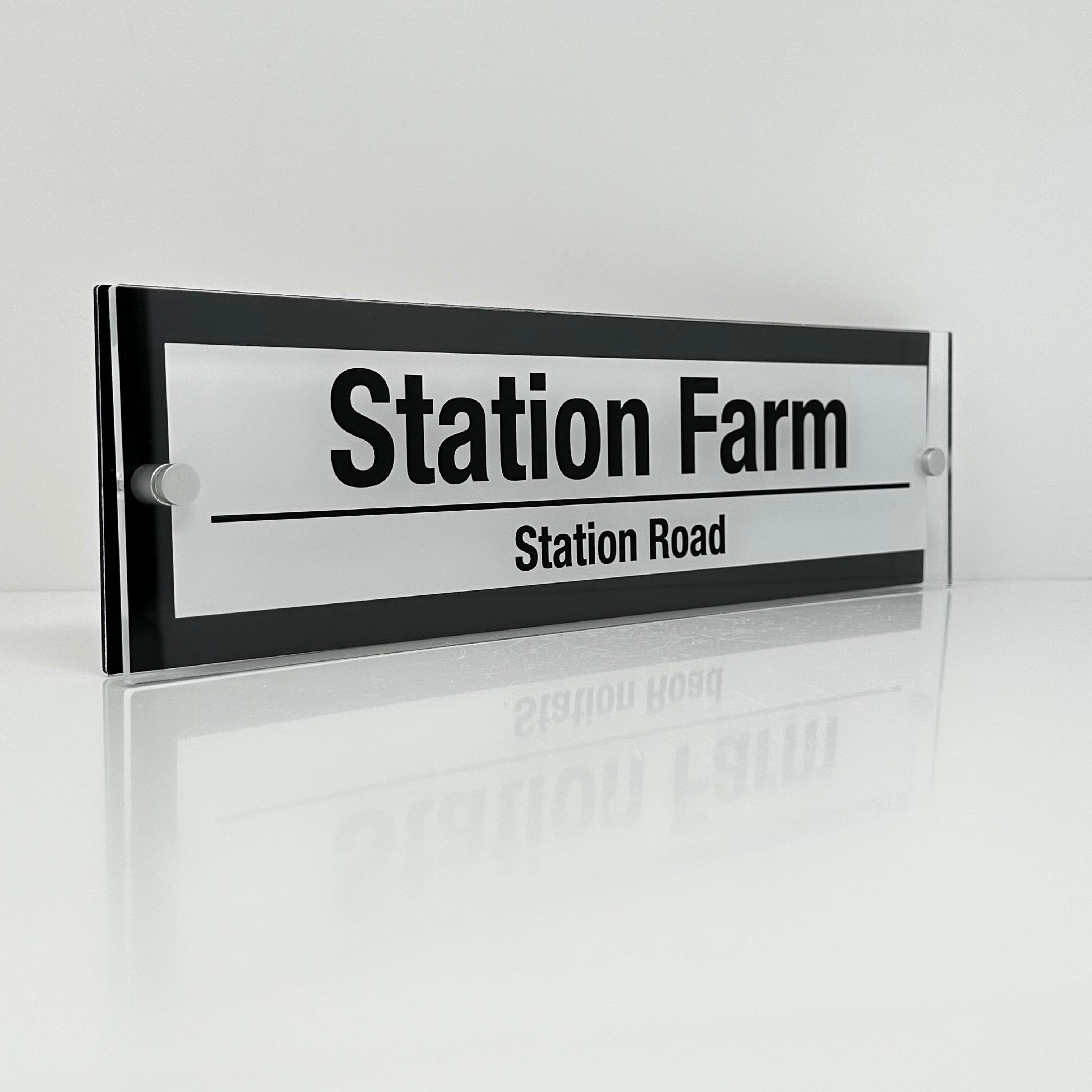 The Station Farm Modern House Sign with Perspex Acrylic Front, Black Rear Panel and Satin Silver Stand Off Fixings ( Size - 42cm x 12cm - WHITE BACKGROUND BLACK TEXT )