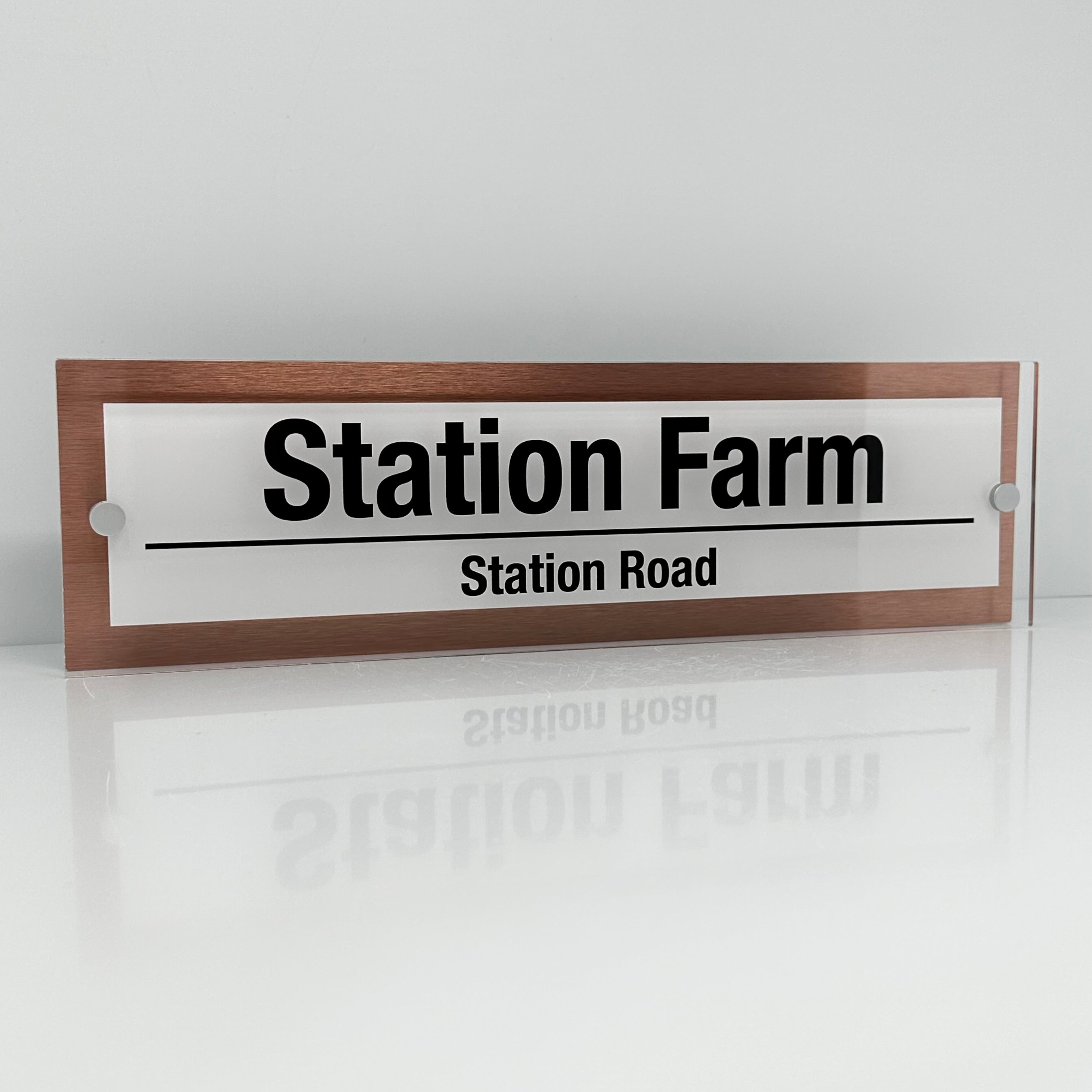 The Station Farm Modern House Sign with Perspex Acrylic Front, Copper Rear Panel and Satin Silver Stand Off Fixings ( Size - 42cm x 12cm - WHITE BACKGROUND BLACK TEXT )