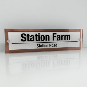 The Station Farm Modern House Sign with Perspex Acrylic Front, Copper Rear Panel and Satin Silver Stand Off Fixings ( Size - 42cm x 12cm - WHITE BACKGROUND BLACK TEXT )