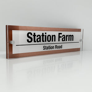 The Station Farm Modern House Sign with Perspex Acrylic Front, Copper Rear Panel and Satin Silver Stand Off Fixings ( Size - 42cm x 12cm - WHITE BACKGROUND BLACK TEXT )