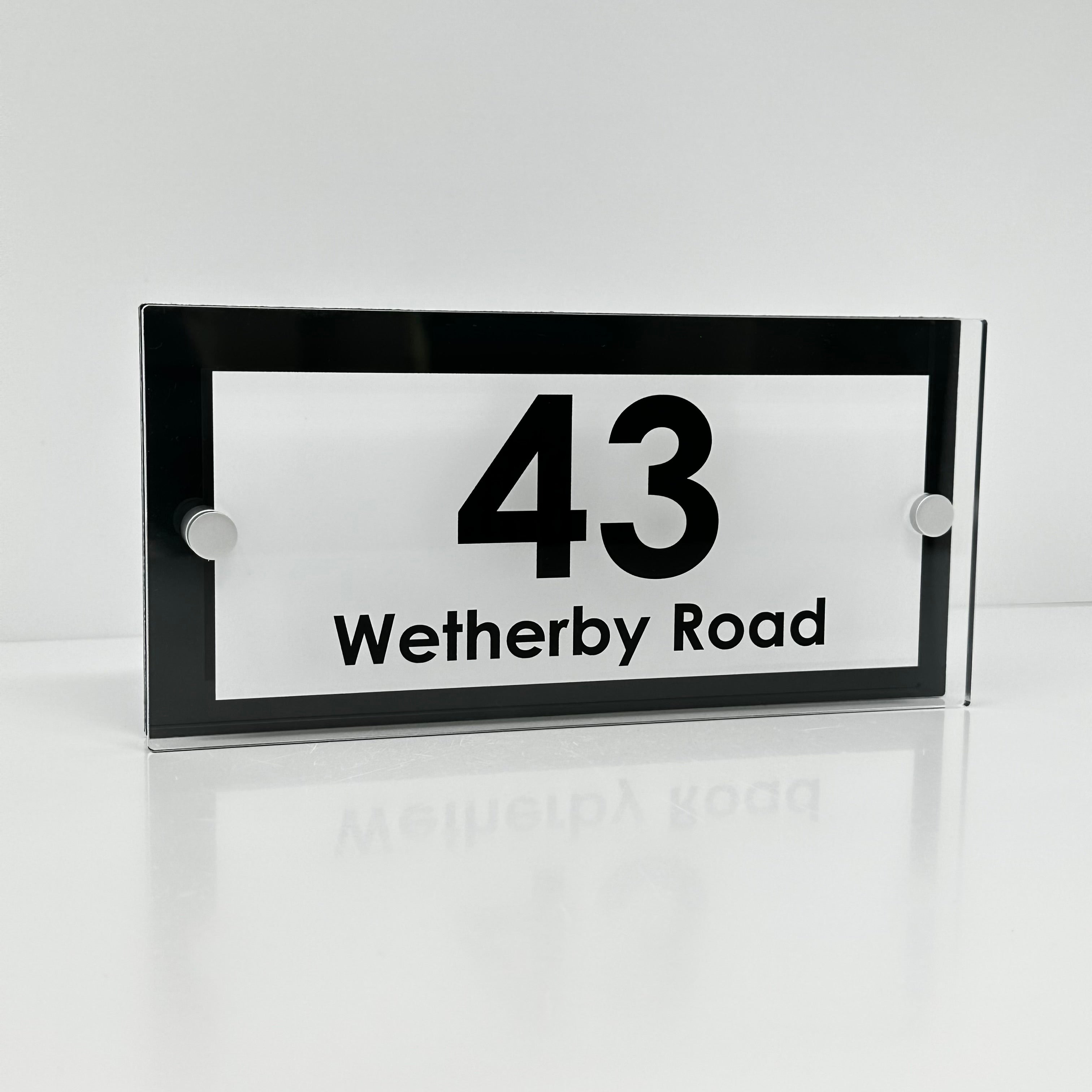 The Wetherby Modern House Sign with Perspex Acrylic Front, Anthracite Grey Rear Panel and Satin Silver Stand Off Fixings ( Size - 25cm x 12cm - WHITE BACKGROUND BLACK TEXT )