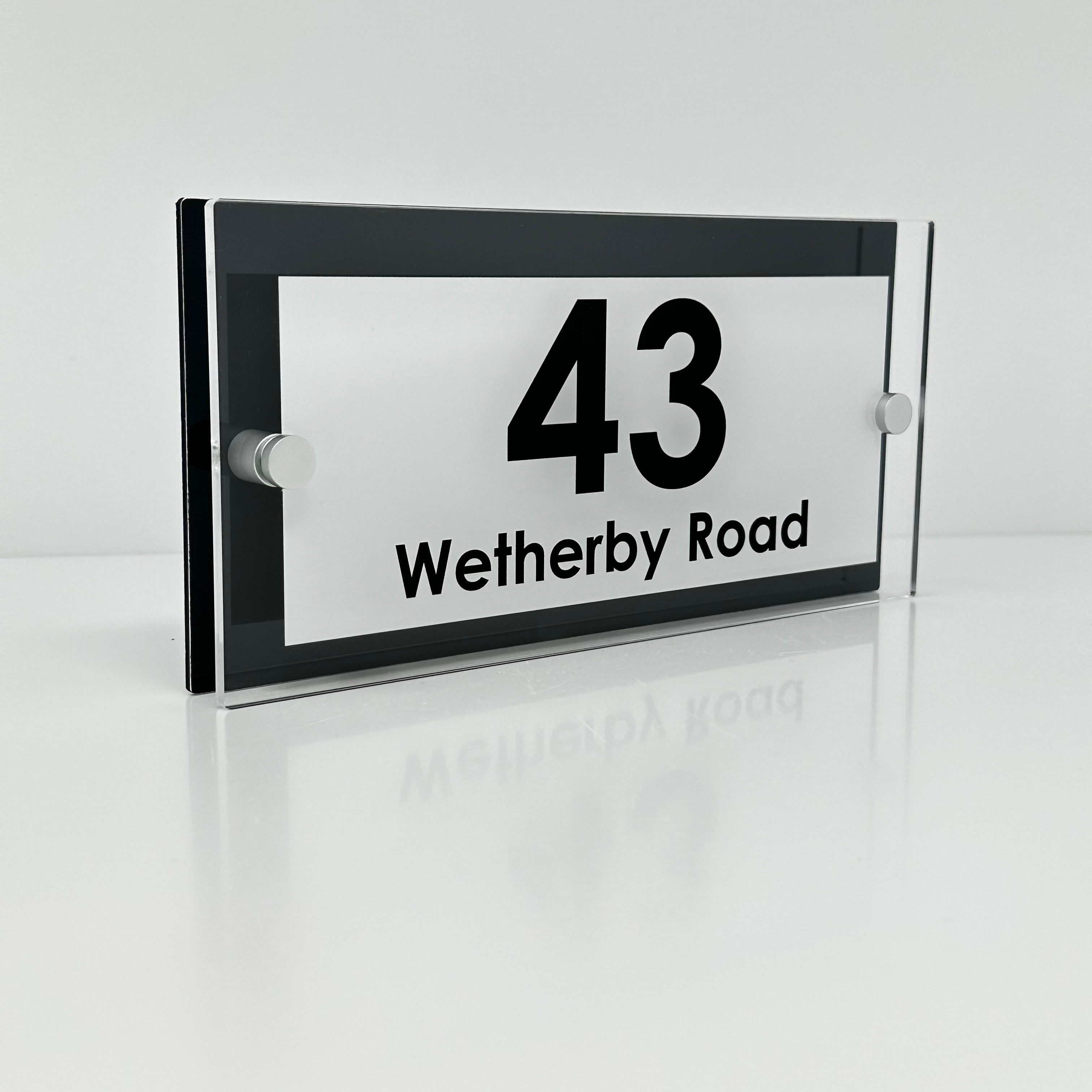 The Wetherby Modern House Sign with Perspex Acrylic Front, Anthracite Grey Rear Panel and Satin Silver Stand Off Fixings ( Size - 25cm x 12cm - WHITE BACKGROUND BLACK TEXT )