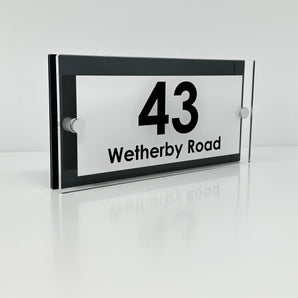 The Wetherby Modern House Sign with Perspex Acrylic Front, Anthracite Grey Rear Panel and Satin Silver Stand Off Fixings ( Size - 25cm x 12cm - WHITE BACKGROUND BLACK TEXT )