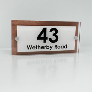 The Wetherby Modern House Sign with Perspex Acrylic Front, Copper Rear Panel and Satin Silver Stand Off Fixings ( Size - 25cm x 12cm - WHITE BACKGROUND BLACK TEXT )