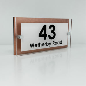 The Wetherby Modern House Sign with Perspex Acrylic Front, Copper Rear Panel and Satin Silver Stand Off Fixings ( Size - 25cm x 12cm - WHITE BACKGROUND BLACK TEXT )