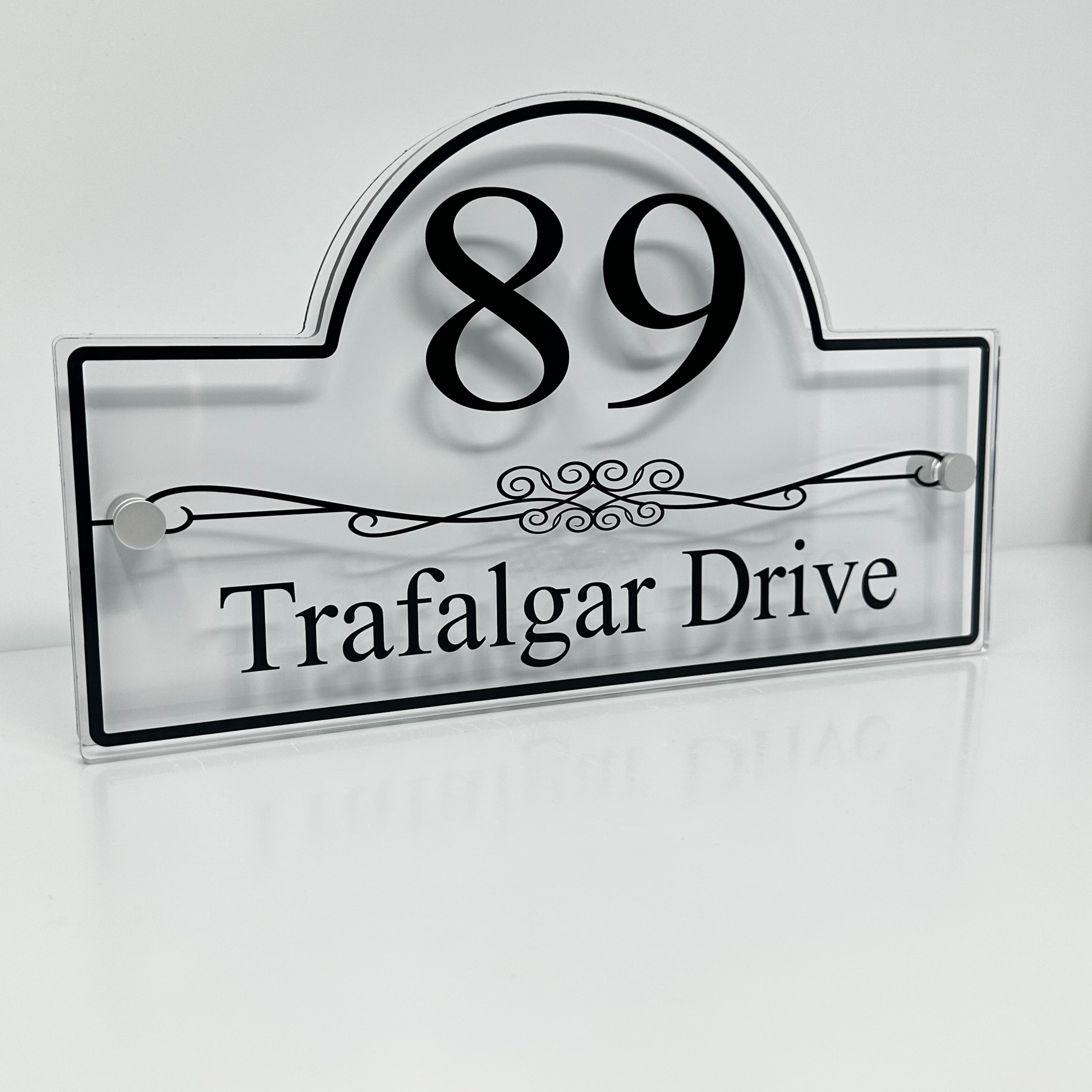 The Trafalgar Modern House Sign with Perspex Acrylic Front, White Rear Panel and Satin Silver Stand Off Fixings ( Size - 30cm x 18cm )