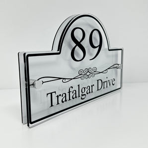 The Trafalgar Modern House Sign with Perspex Acrylic Front, White Rear Panel and Satin Silver Stand Off Fixings ( Size - 30cm x 18cm )