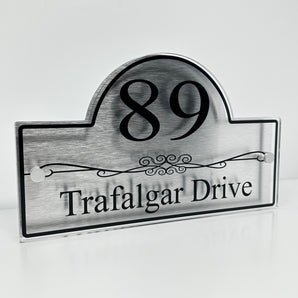 The Trafalgar Modern House Sign with Perspex Acrylic Front, Silver Rear Panel and Satin Silver Stand Off Fixings ( Size - 30cm x 18cm )