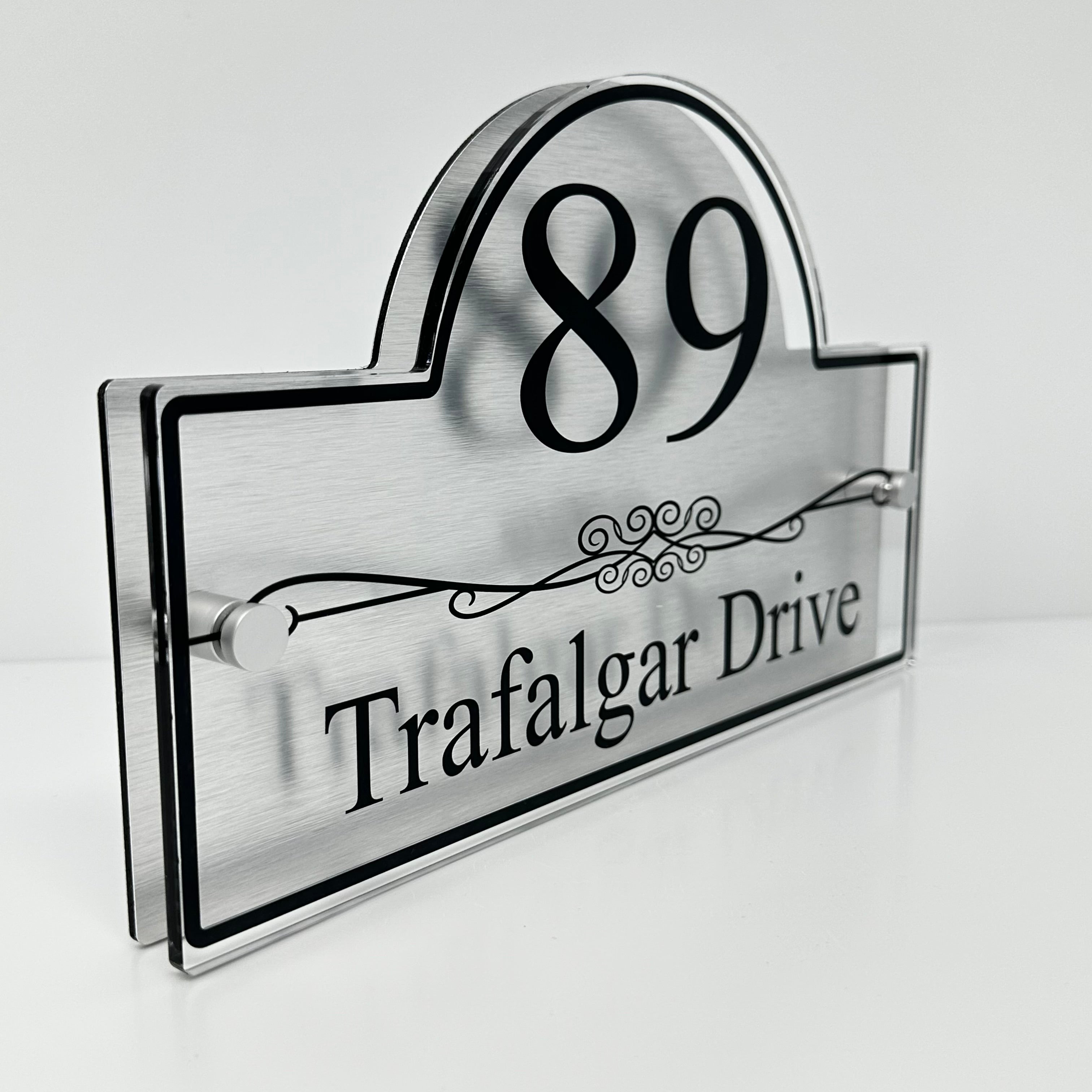 The Trafalgar Modern House Sign with Perspex Acrylic Front, Silver Rear Panel and Satin Silver Stand Off Fixings ( Size - 30cm x 18cm )