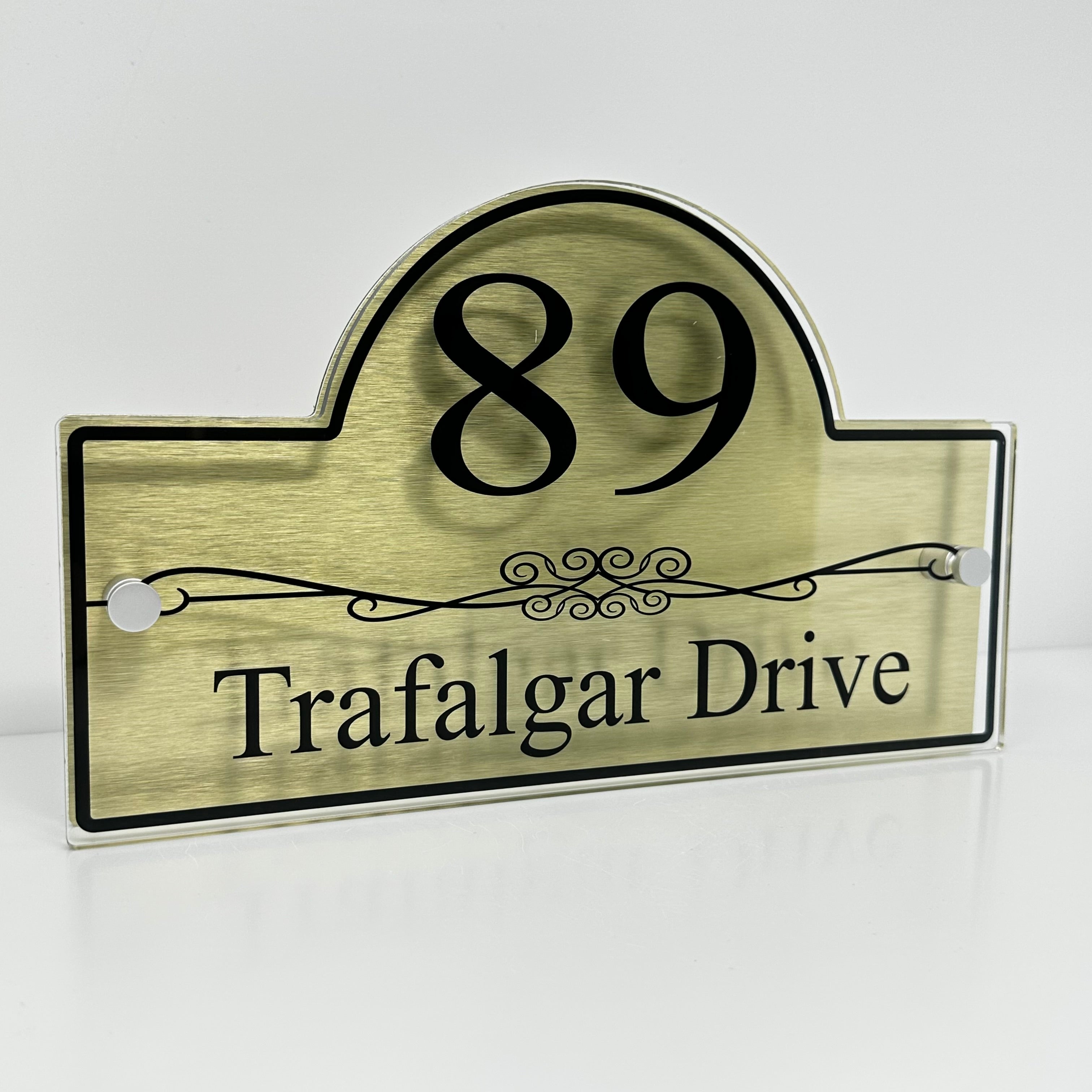The Trafalgar Modern House Sign with Perspex Acrylic Front, Gold Rear Panel and Satin Silver Stand Off Fixings ( Size - 30cm x 18cm )