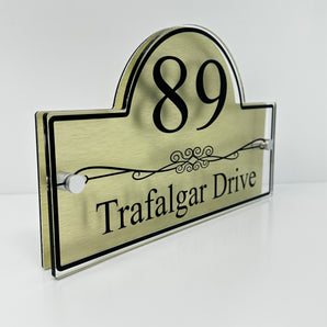 The Trafalgar Modern House Sign with Perspex Acrylic Front, Gold Rear Panel and Satin Silver Stand Off Fixings ( Size - 30cm x 18cm )