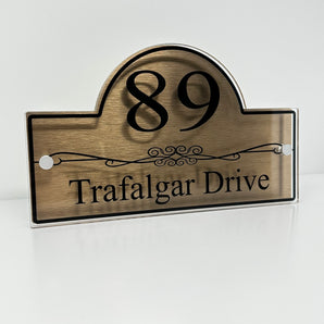 The Trafalgar Modern House Sign with Perspex Acrylic Front, Brass Rear Panel and Satin Silver Stand Off Fixings ( Size - 30cm x 18cm )