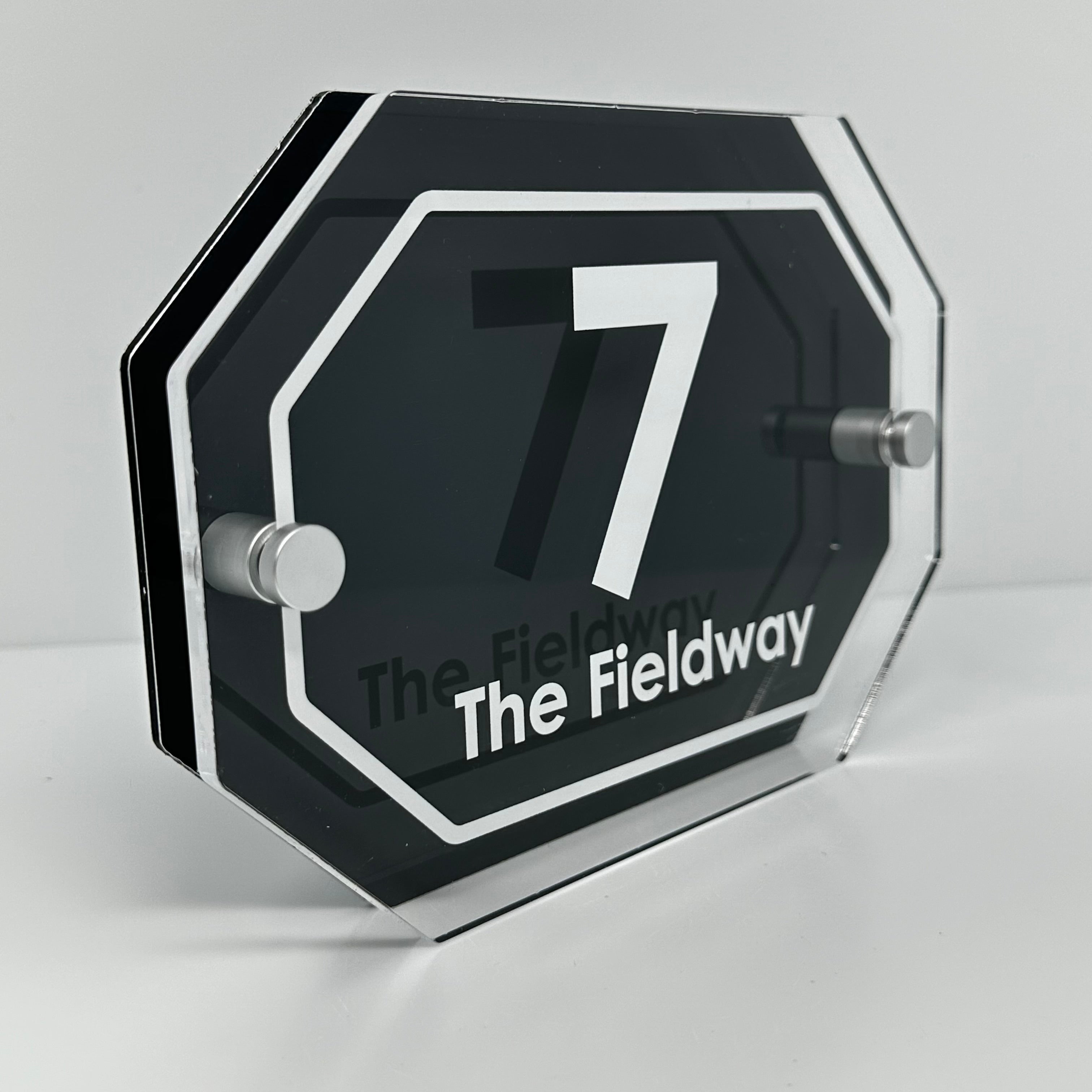 The Fieldway Modern House Sign with Perspex Acrylic Front, Anthracite Grey Rear Panel and Satin Silver Stand Off Fixings ( Size - 20cm x 14cm )