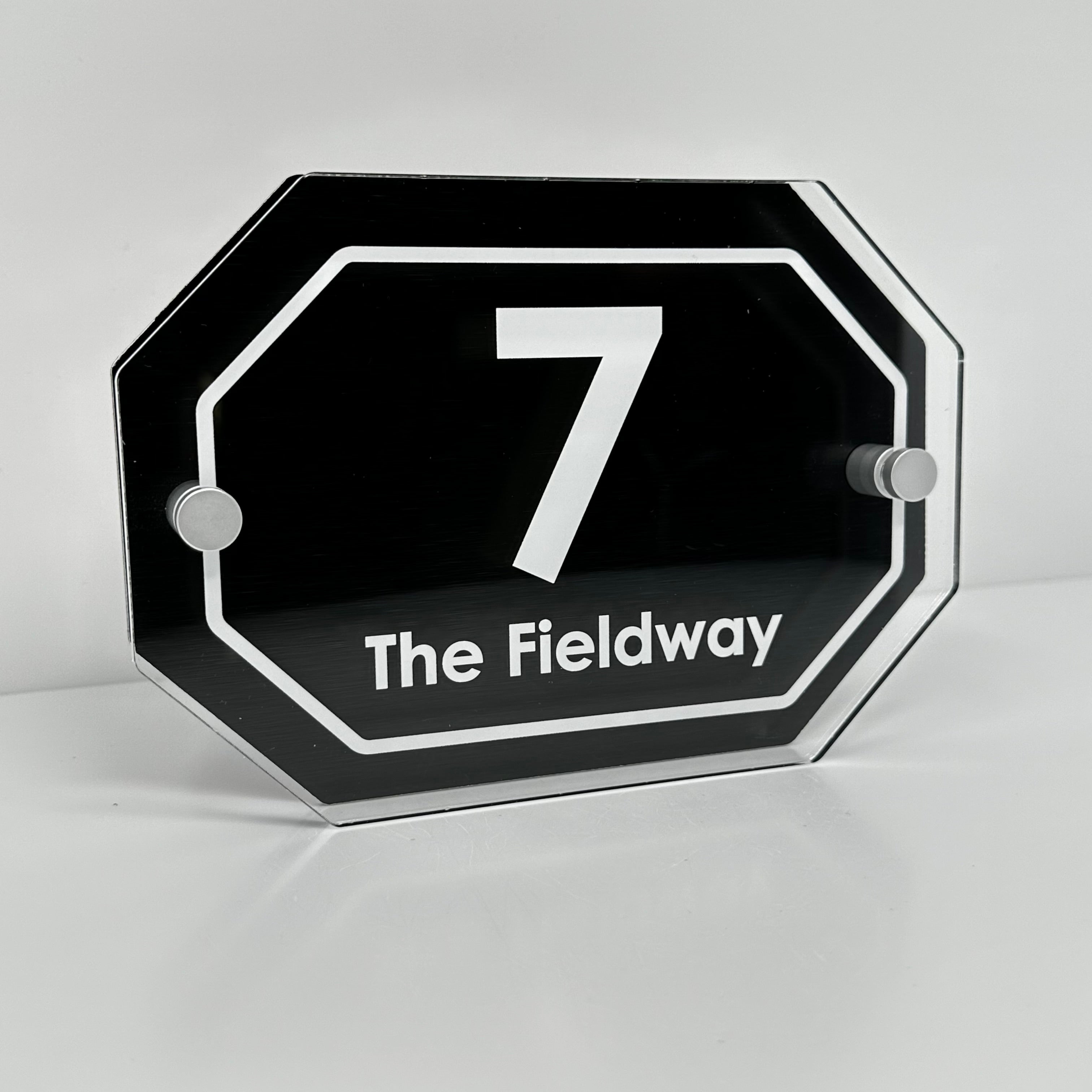 The Fieldway Modern House Sign with Perspex Acrylic Front, Black Rear Panel and Satin Silver Stand Off Fixings ( Size - 20cm x 14cm )