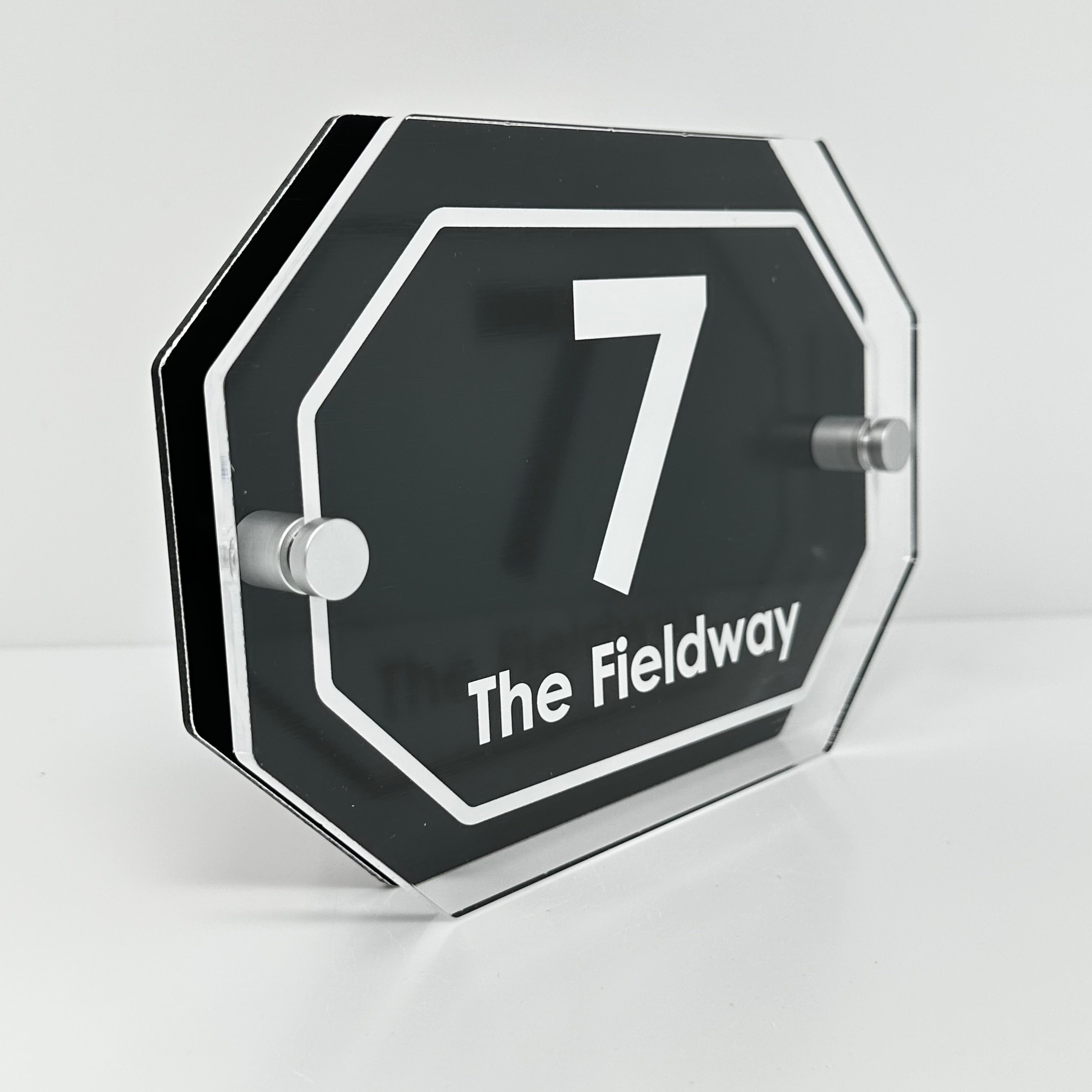 The Fieldway Modern House Sign with Perspex Acrylic Front, Black Rear Panel and Satin Silver Stand Off Fixings ( Size - 20cm x 14cm )