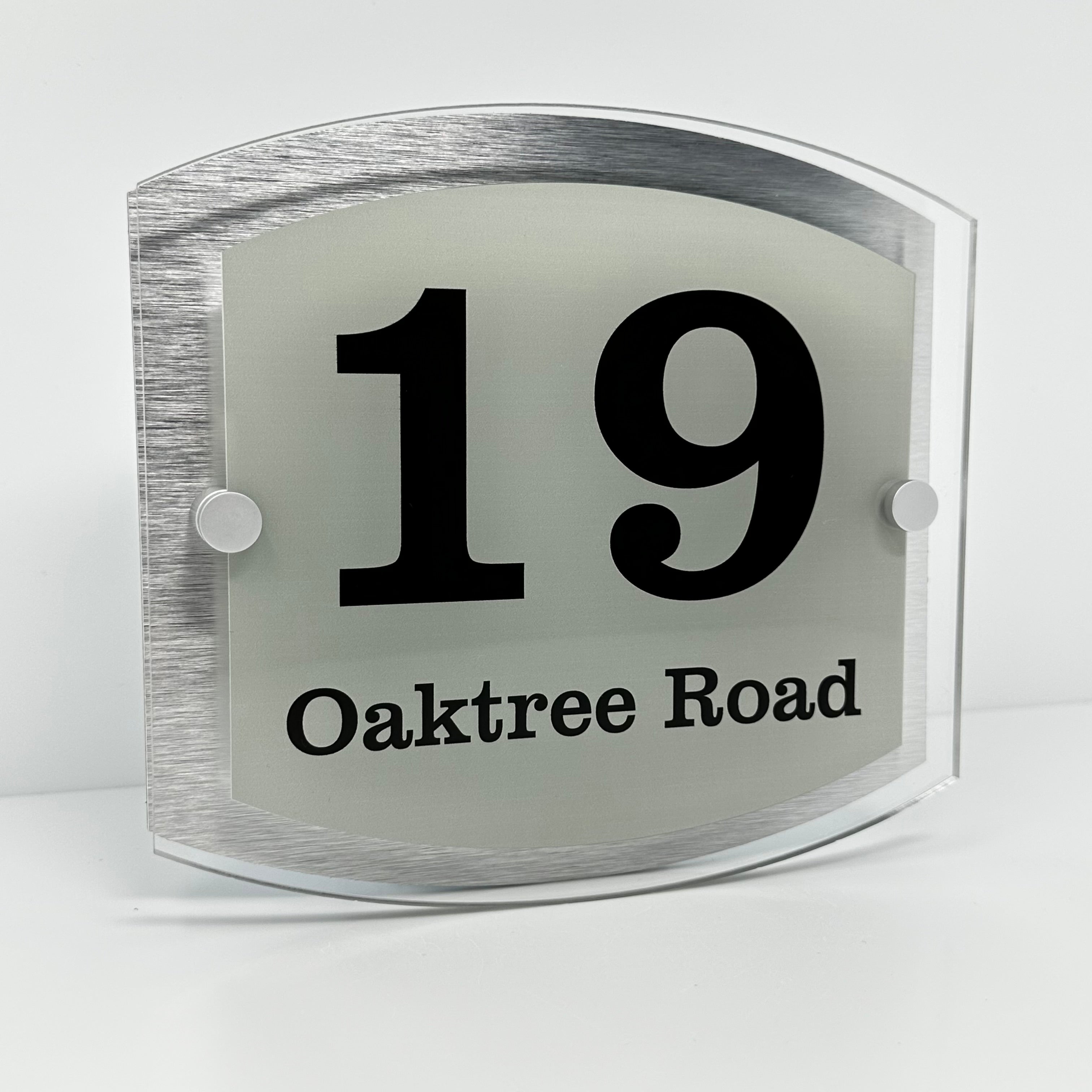 The Oaktree Modern House Sign with Perspex Acrylic Front, Silver Rear Panel and Satin Silver Stand Off Fixings ( Size - 20cm x 18cm )