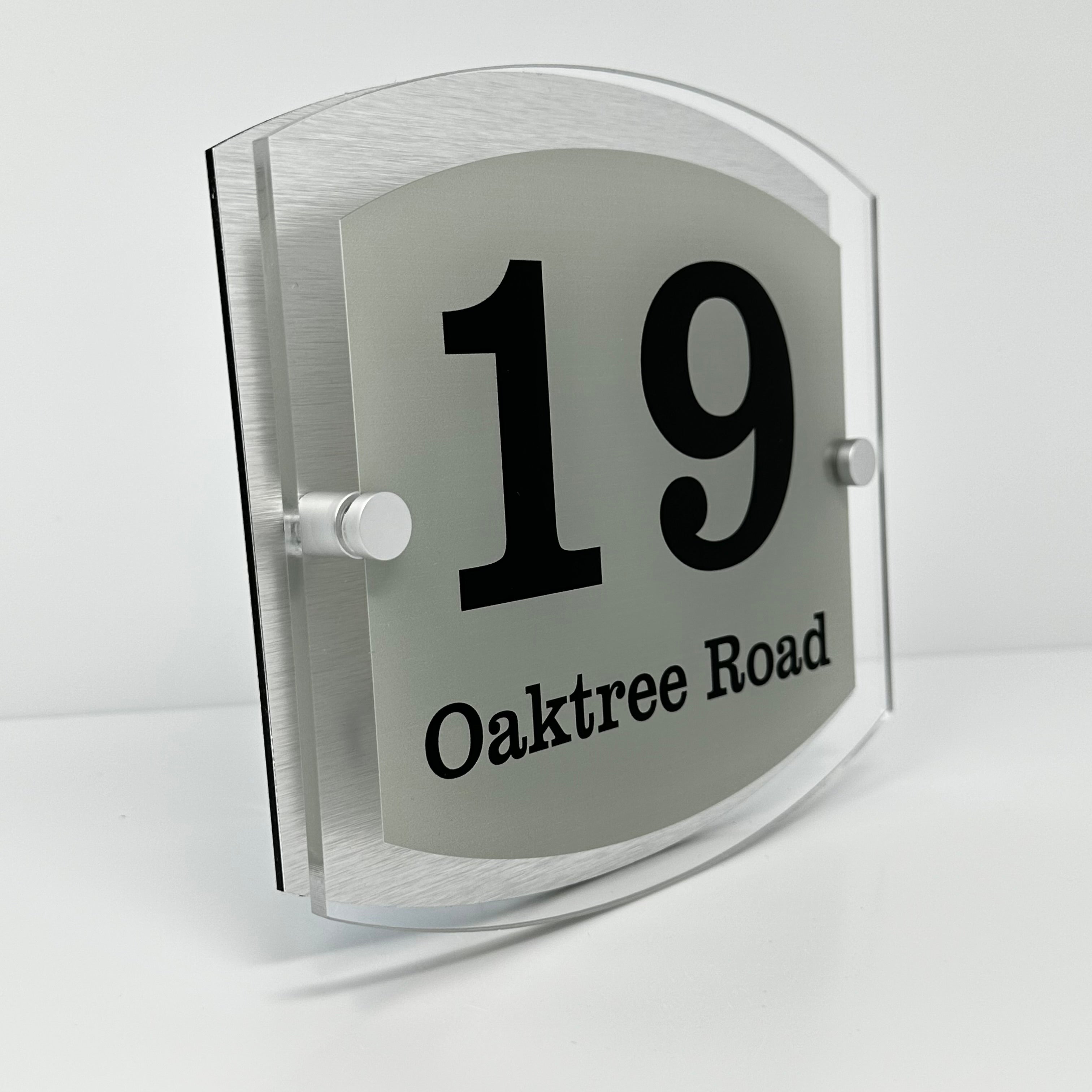 The Oaktree Modern House Sign with Perspex Acrylic Front, Silver Rear Panel and Satin Silver Stand Off Fixings ( Size - 20cm x 18cm )