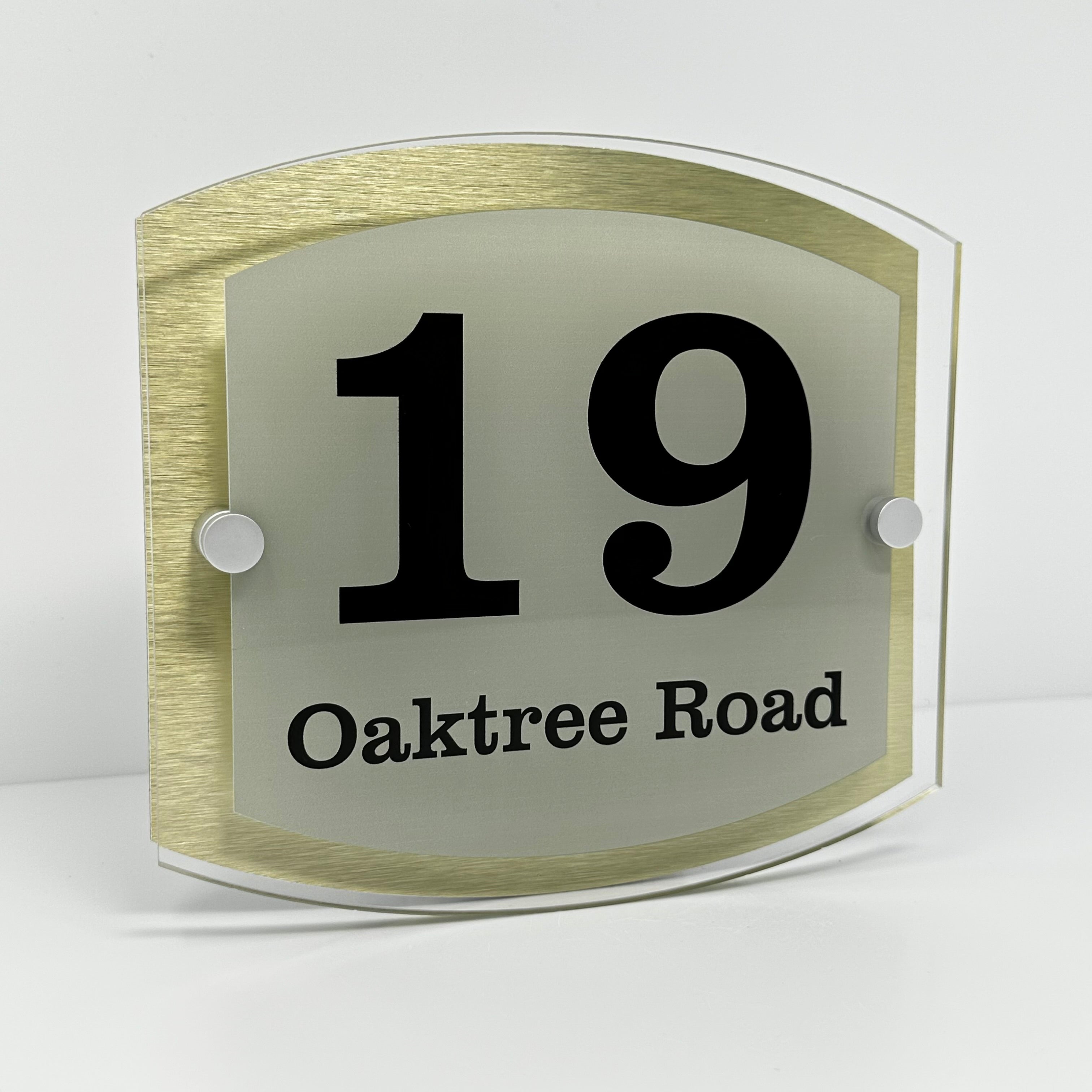 The Oaktree Modern House Sign with Perspex Acrylic Front, Gold Rear Panel and Satin Silver Stand Off Fixings ( Size - 20cm x 18cm )