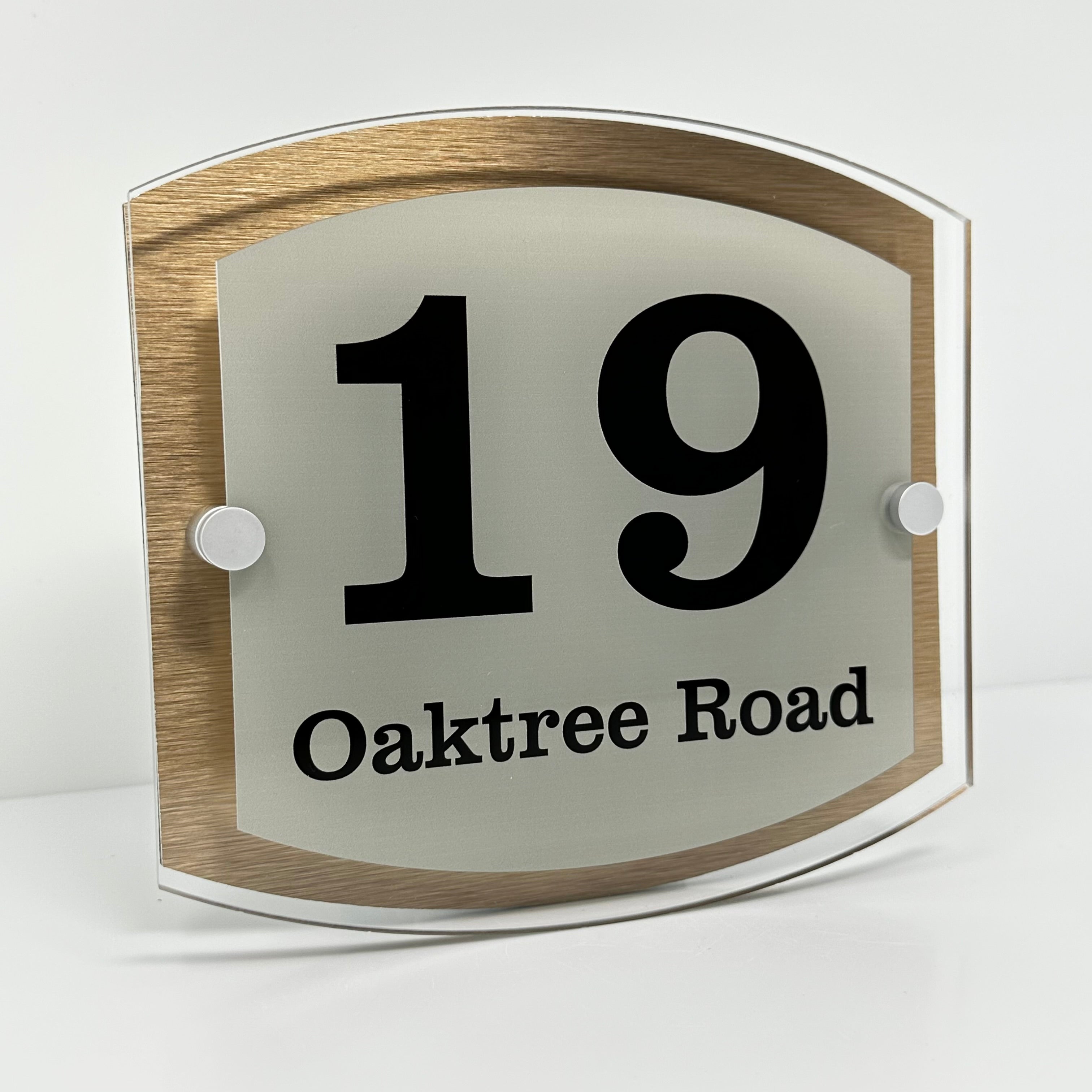 The Oaktree Modern House Sign with Perspex Acrylic Front, Brass Rear Panel and Satin Silver Stand Off Fixings ( Size - 20cm x 18cm )