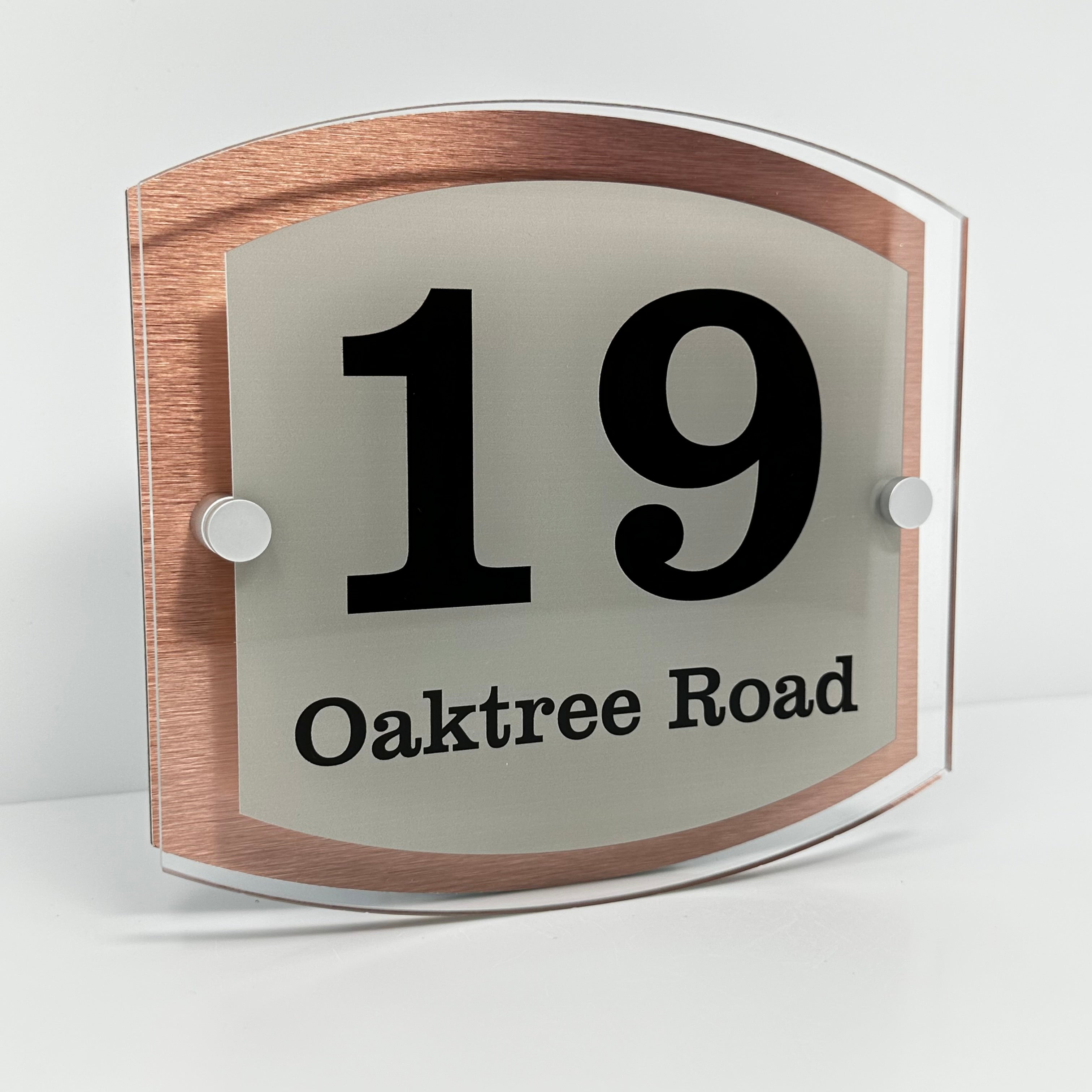 The Oaktree Modern House Sign with Perspex Acrylic Front, Copper Rear Panel and Satin Silver Stand Off Fixings ( Size - 20cm x 18cm )