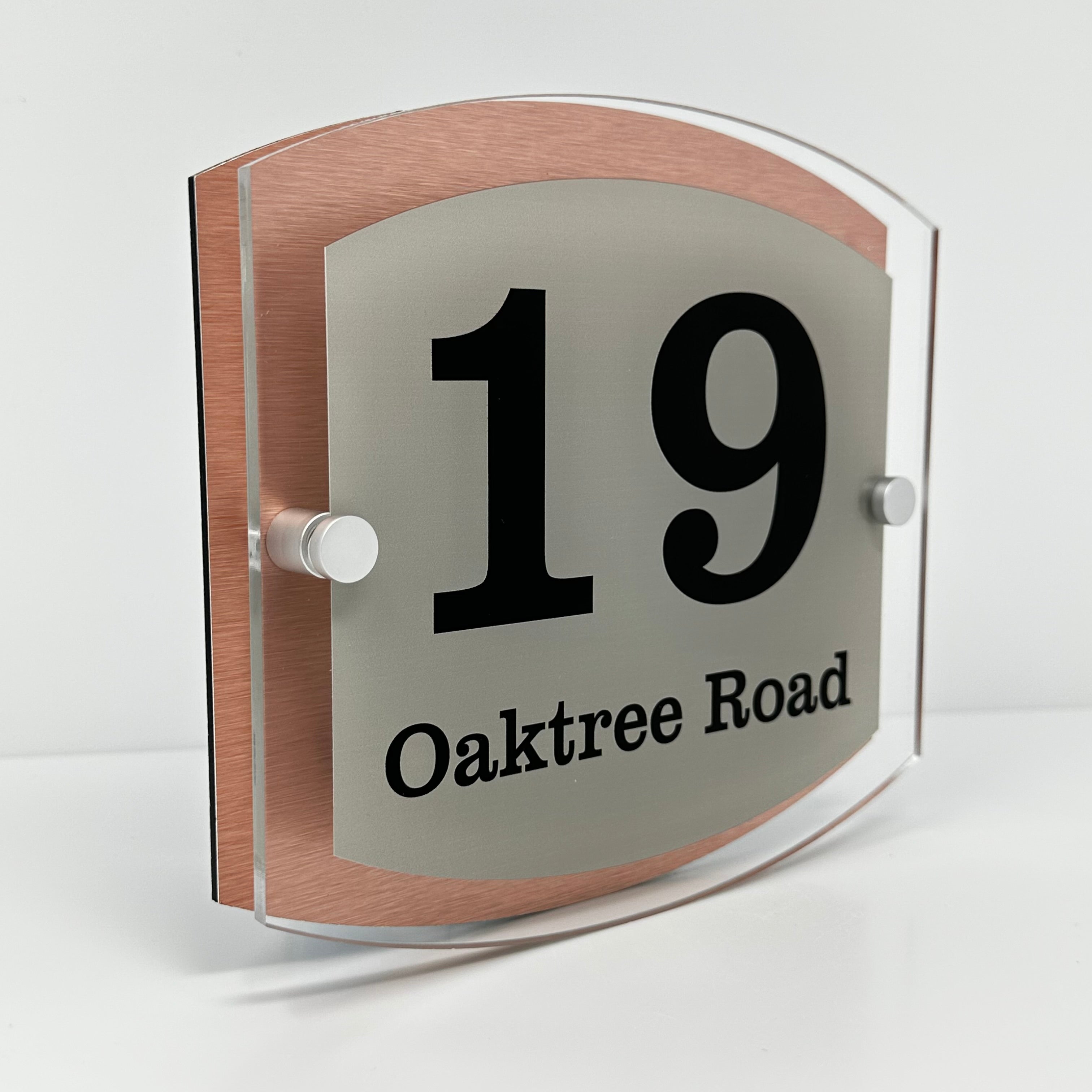 The Oaktree Modern House Sign with Perspex Acrylic Front, Copper Rear Panel and Satin Silver Stand Off Fixings ( Size - 20cm x 18cm )