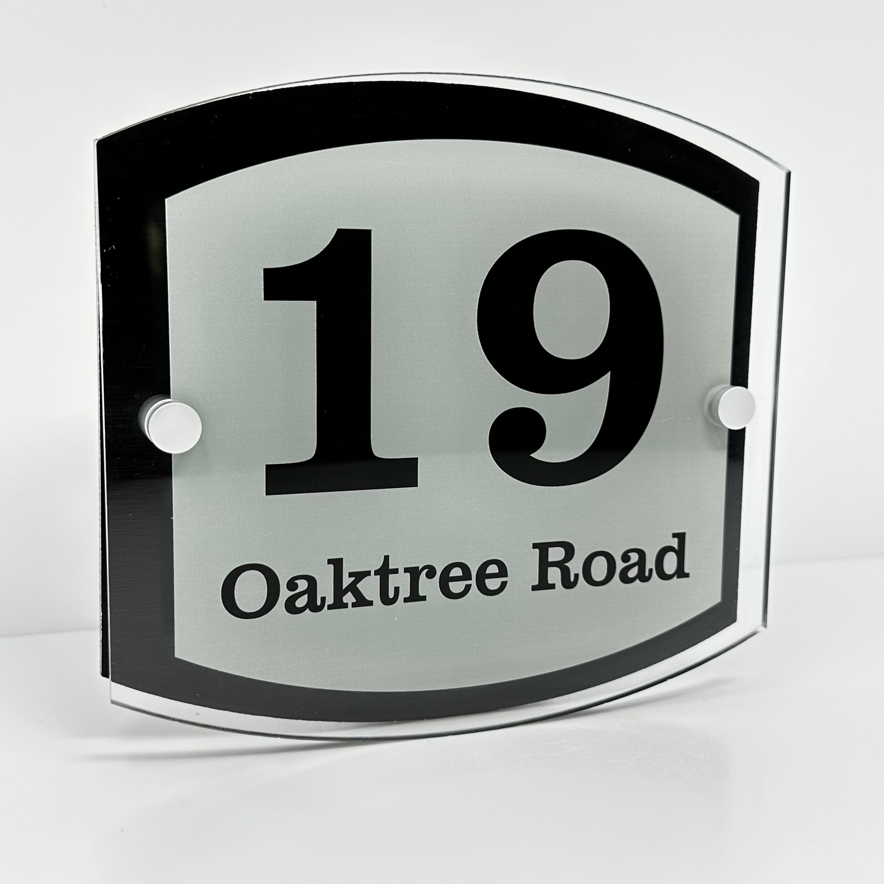 The Oaktree Modern House Sign with Perspex Acrylic Front, Black Rear Panel and Satin Silver Stand Off Fixings ( Size - 20cm x 18cm )