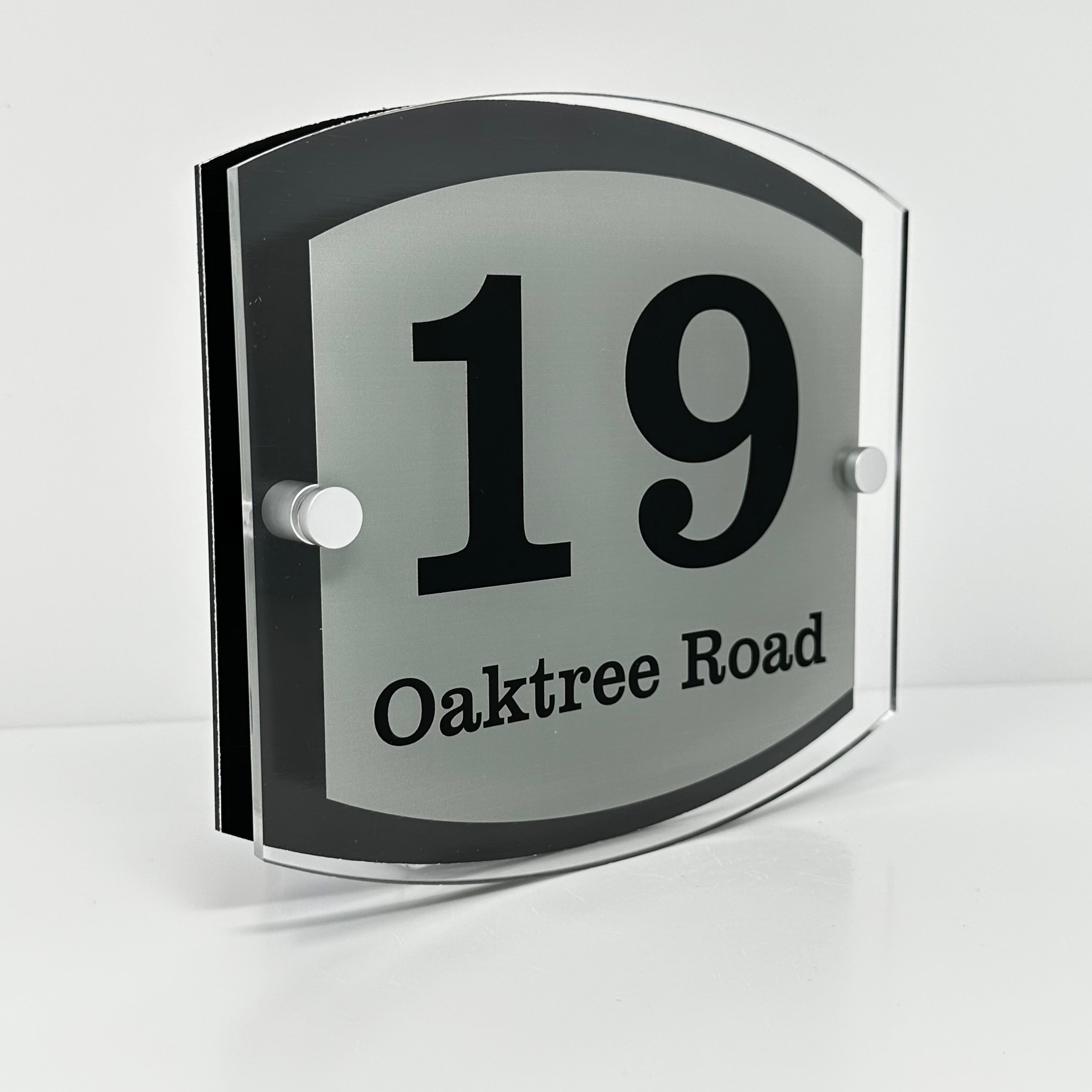 The Oaktree Modern House Sign with Perspex Acrylic Front, Black Rear Panel and Satin Silver Stand Off Fixings ( Size - 20cm x 18cm )