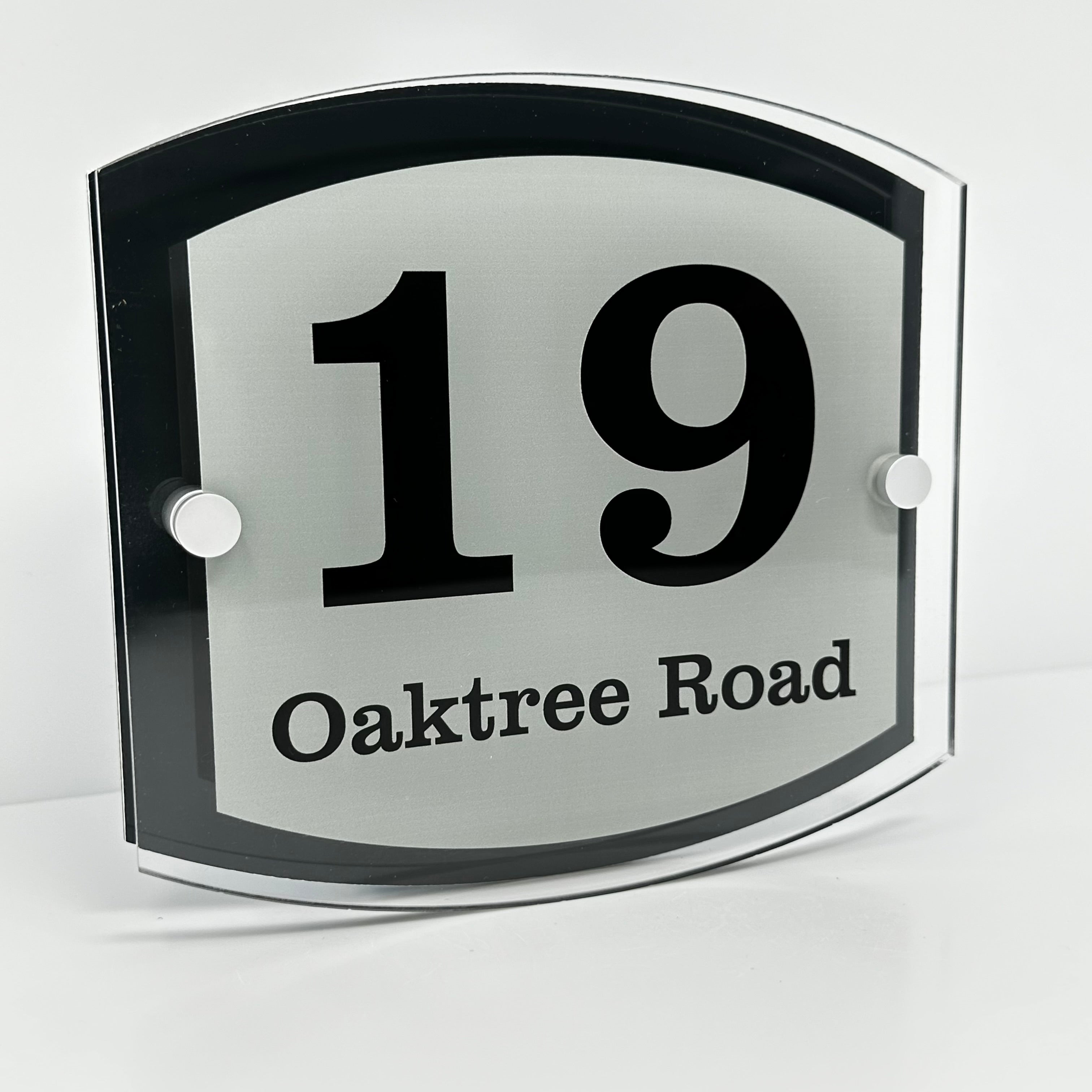 The Oaktree Modern House Sign with Perspex Acrylic Front, Anthracite Grey Rear Panel and Satin Silver Stand Off Fixings ( Size - 20cm x 18cm )