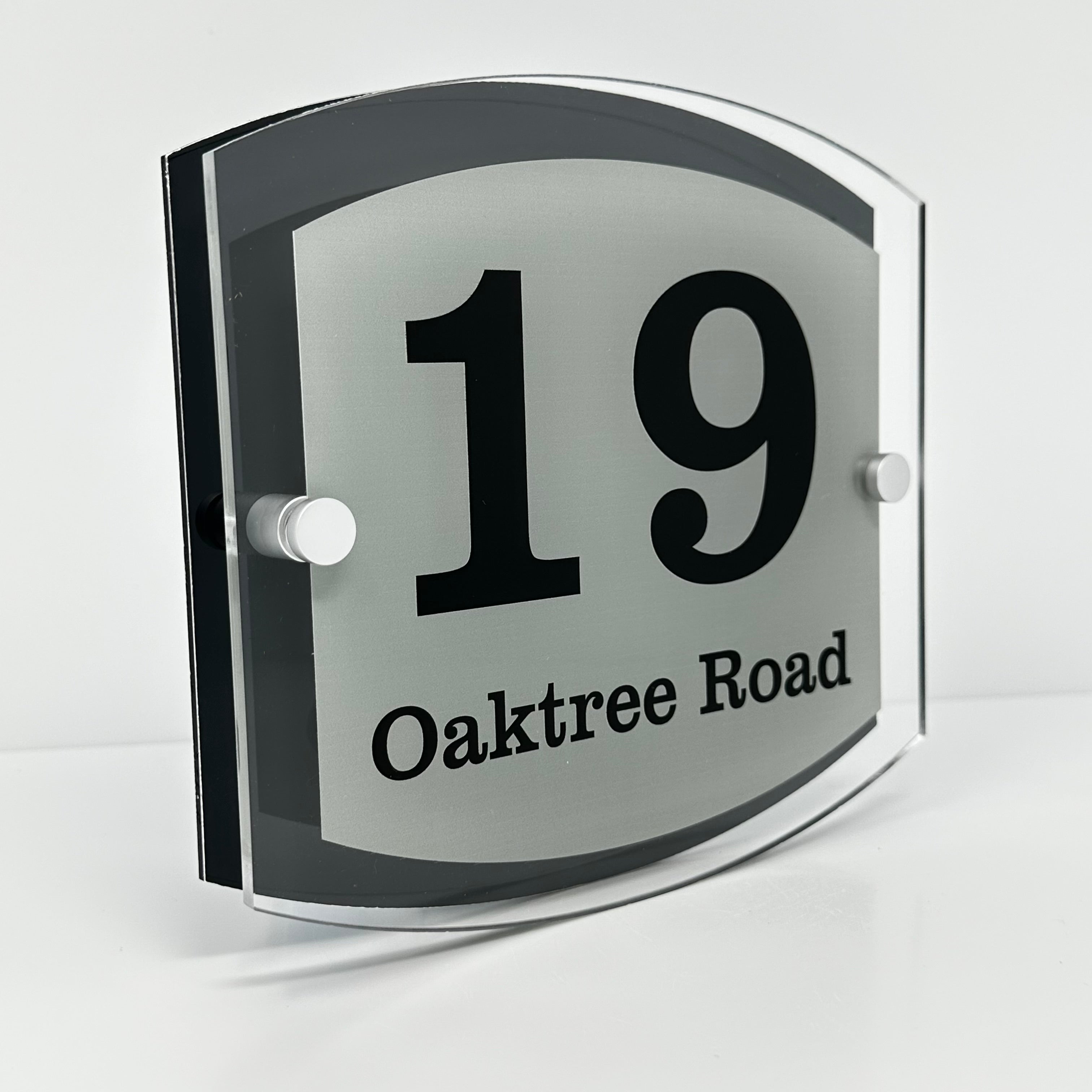 The Oaktree Modern House Sign with Perspex Acrylic Front, Anthracite Grey Rear Panel and Satin Silver Stand Off Fixings ( Size - 20cm x 18cm )