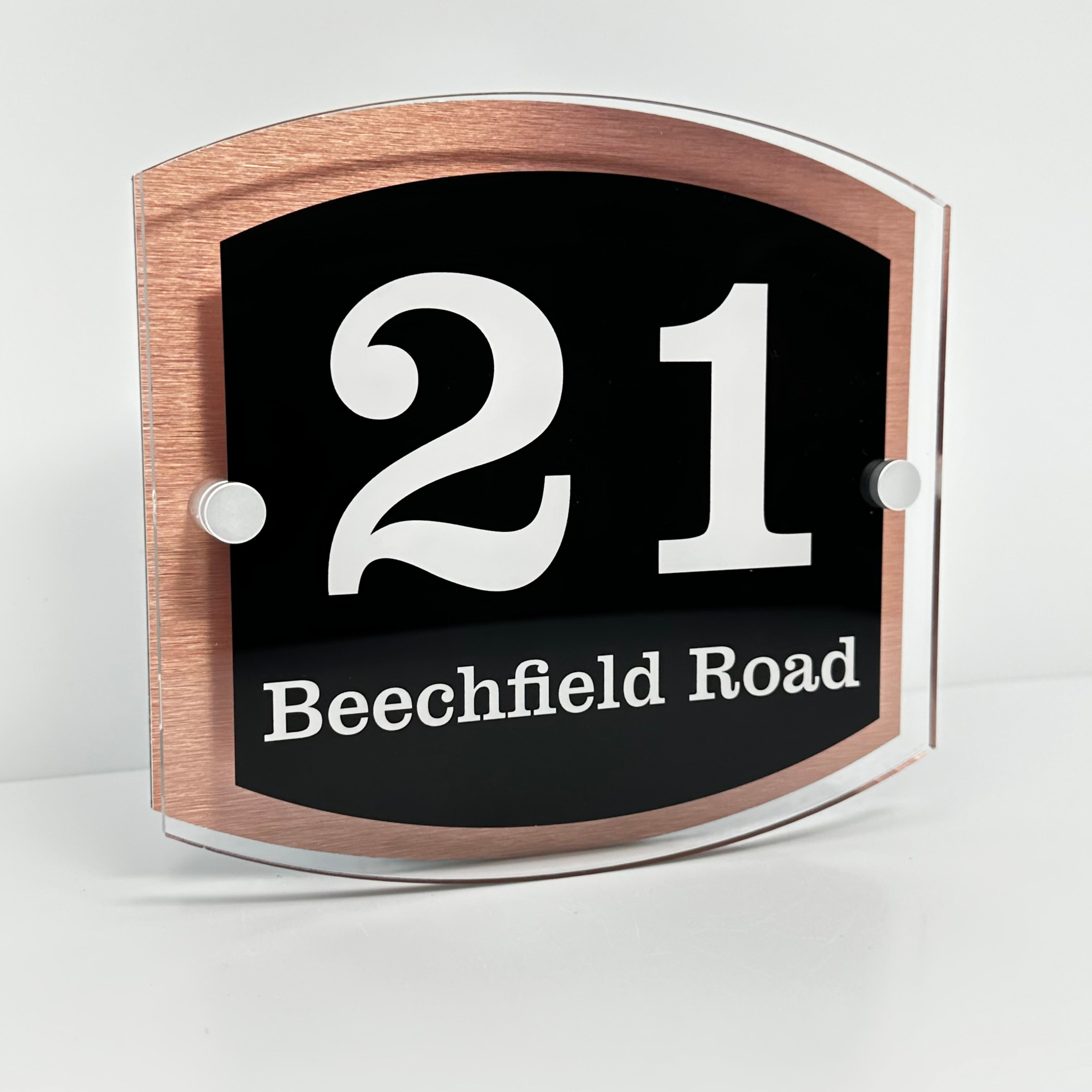 The Beechfield Modern House Sign with Perspex Acrylic Front, Copper Rear Panel and Satin Silver Stand Off Fixings ( Size - 20cm x 18cm )