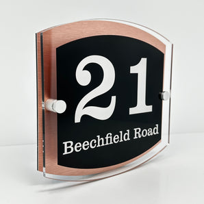 The Beechfield Modern House Sign with Perspex Acrylic Front, Copper Rear Panel and Satin Silver Stand Off Fixings ( Size - 20cm x 18cm )