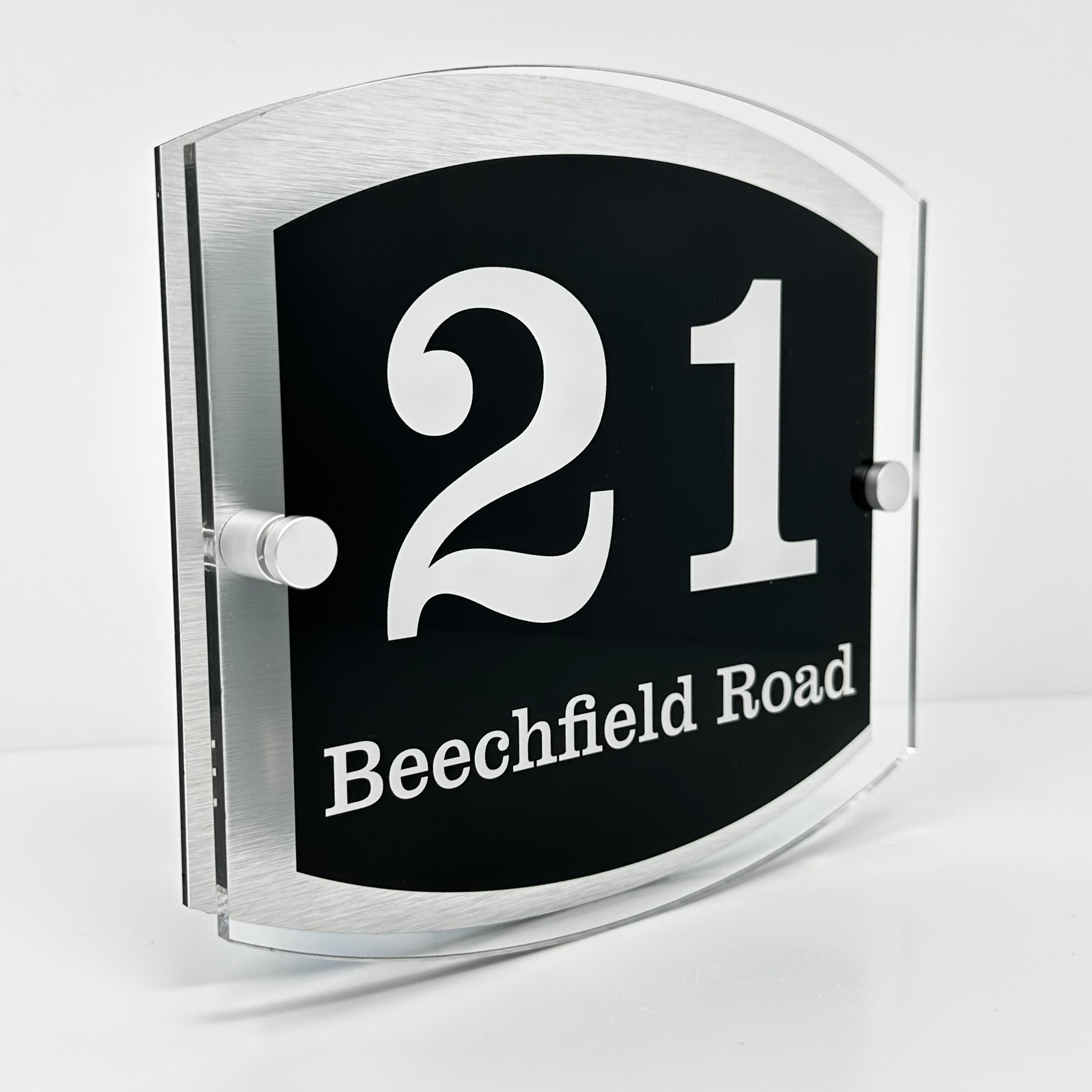 The Beechfield Modern House Sign with Perspex Acrylic Front, Silver Rear Panel and Satin Silver Stand Off Fixings ( Size - 20cm x 18cm )