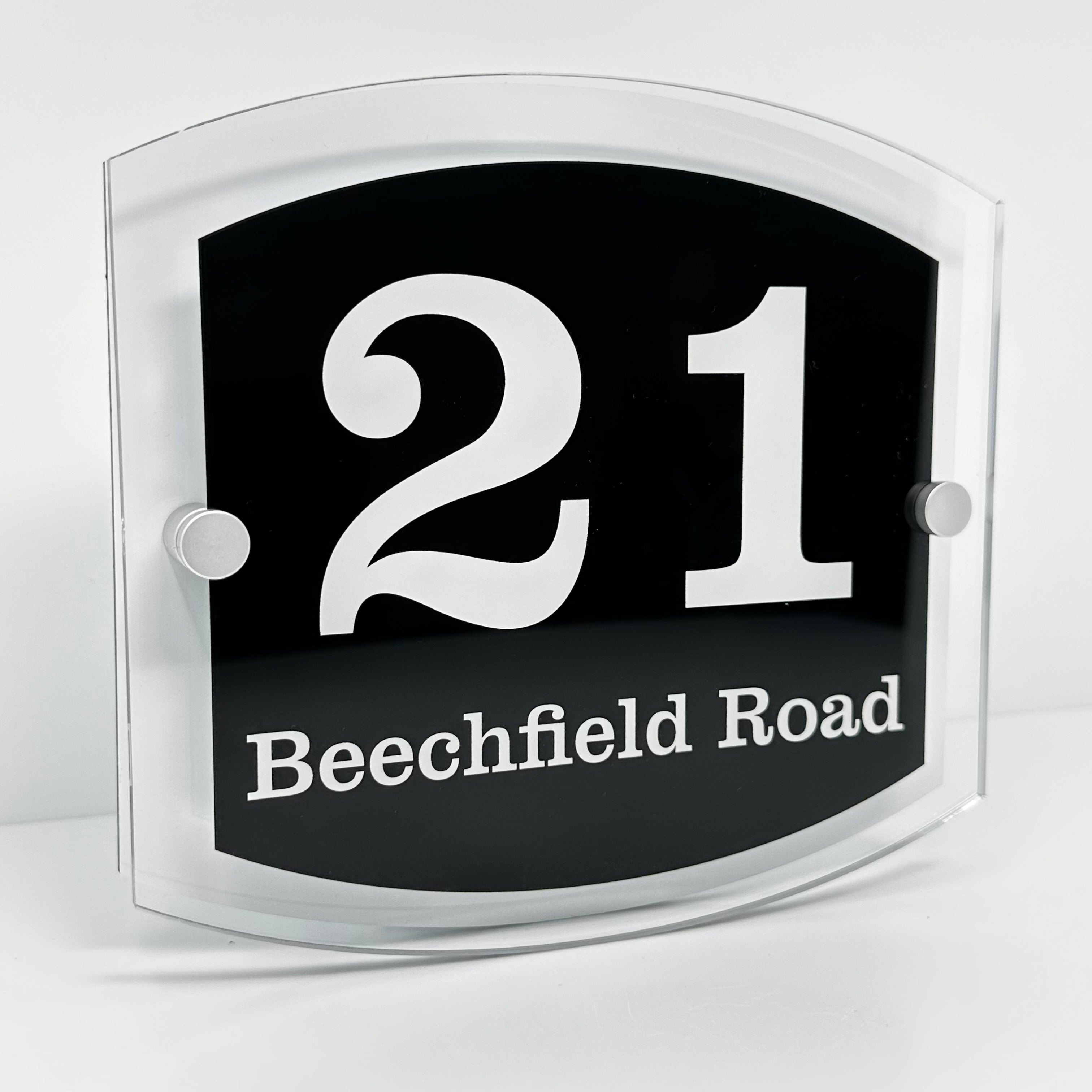 The Beechfield Modern House Sign with Perspex Acrylic Front, White Rear Panel and Satin Silver Stand Off Fixings ( Size - 20cm x 18cm )