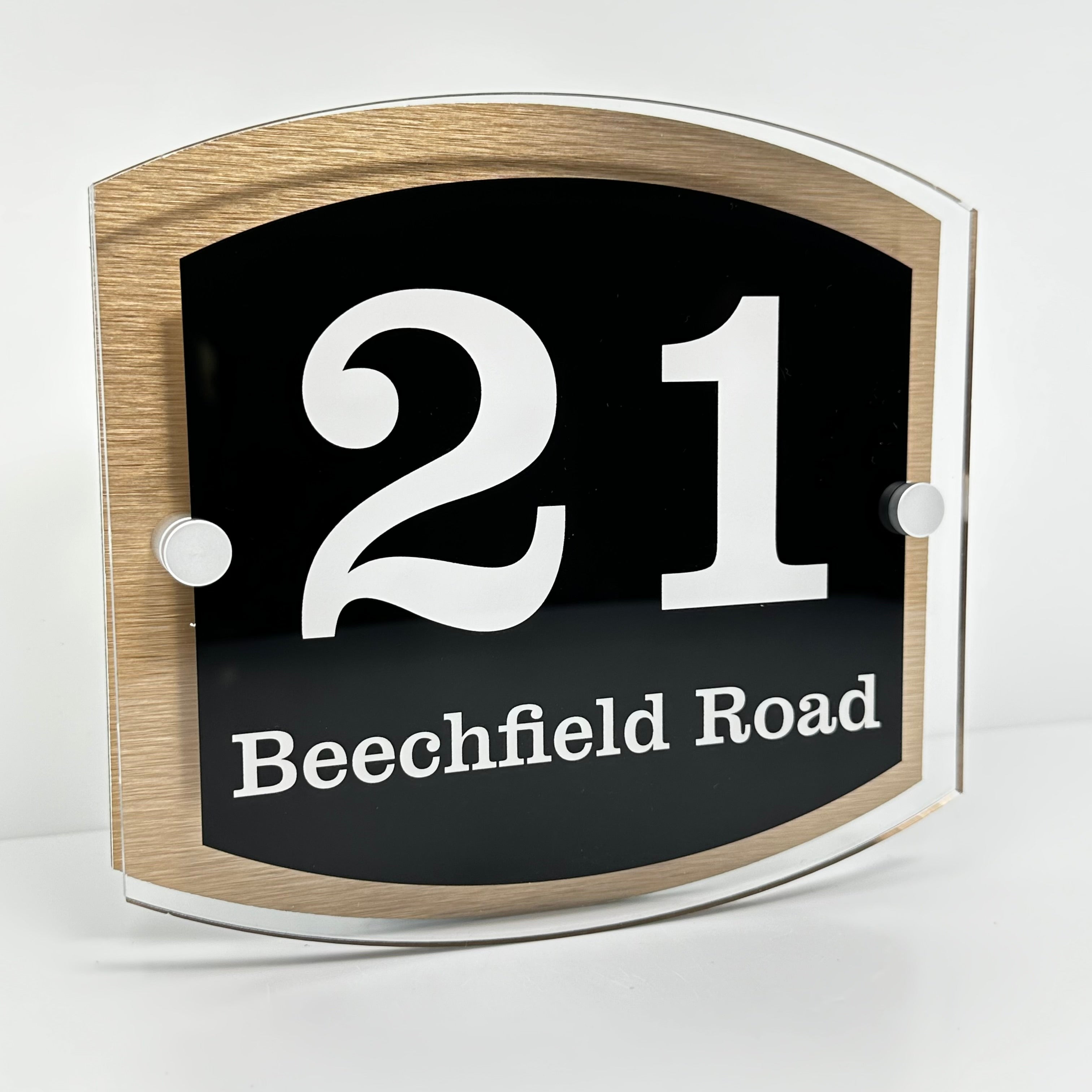 The Beechfield Modern House Sign with Perspex Acrylic Front, Brass Rear Panel and Satin Silver Stand Off Fixings ( Size - 20cm x 18cm )