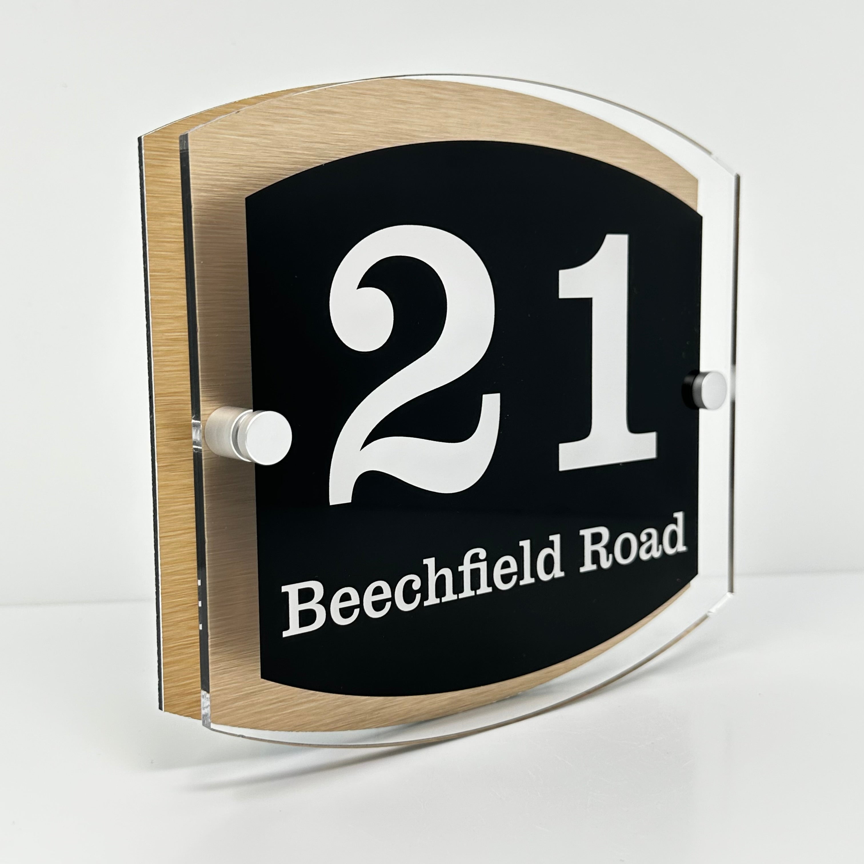 The Beechfield Modern House Sign with Perspex Acrylic Front, Brass Rear Panel and Satin Silver Stand Off Fixings ( Size - 20cm x 18cm )