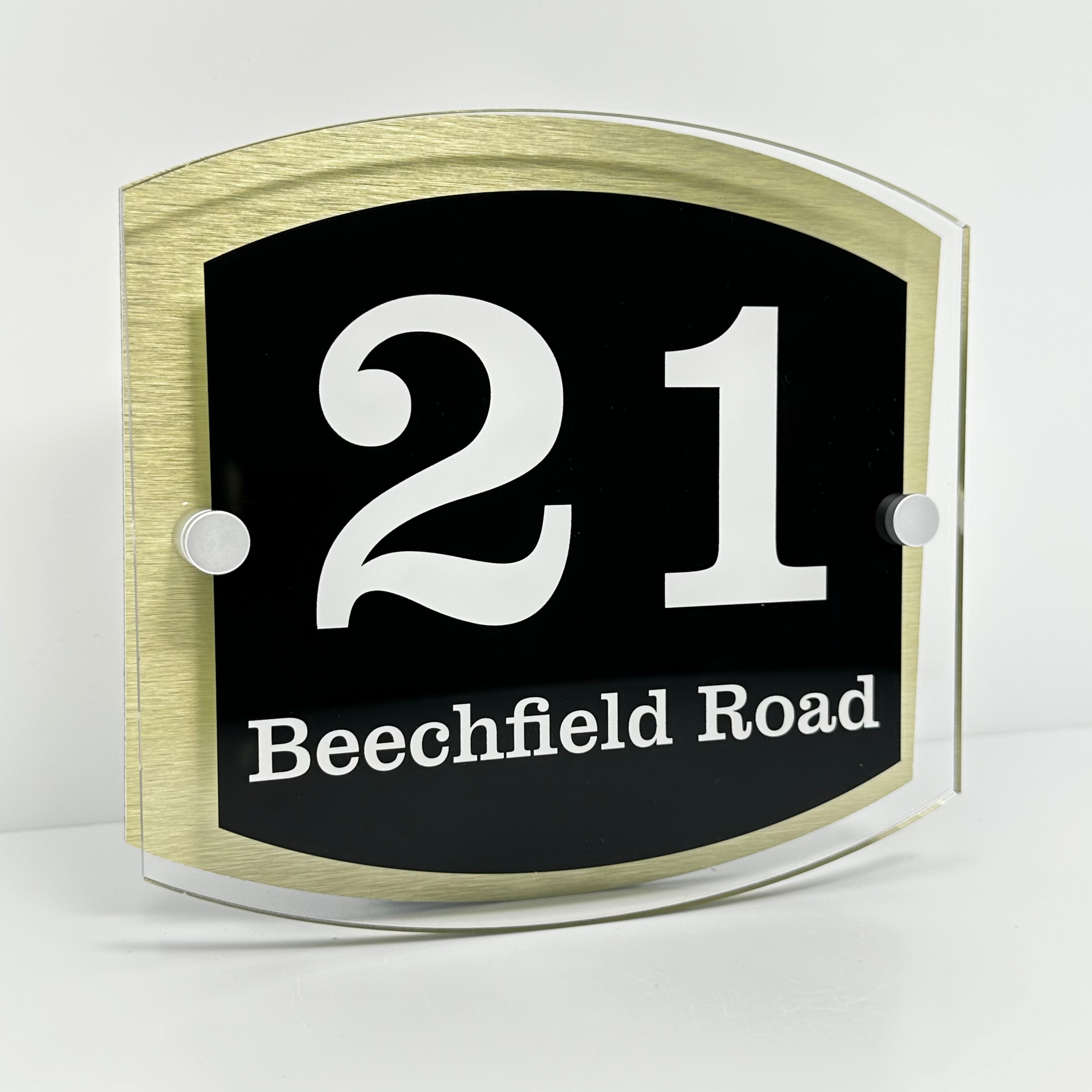 The Beechfield Modern House Sign with Perspex Acrylic Front, Gold Rear Panel and Satin Silver Stand Off Fixings ( Size - 20cm x 18cm )