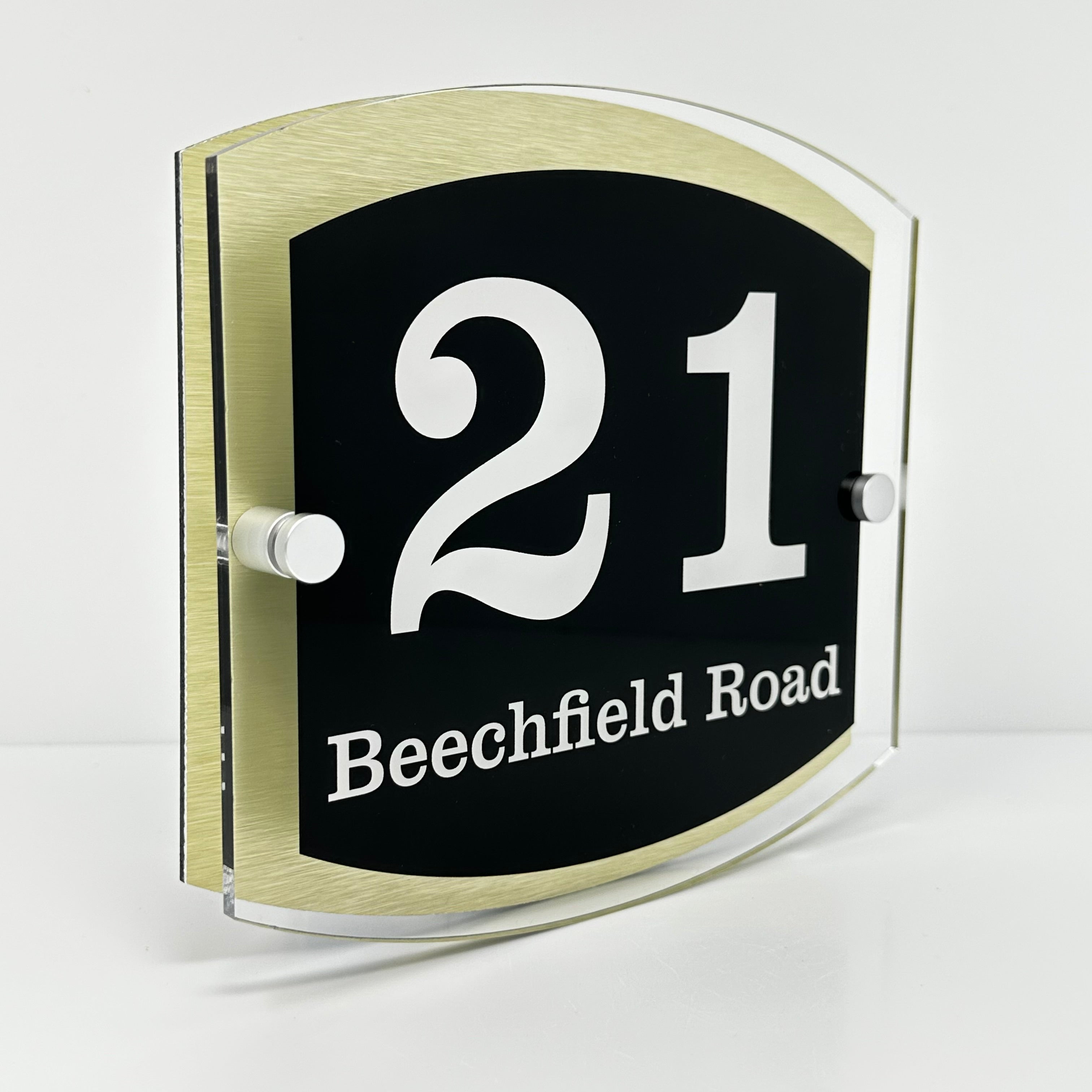 The Beechfield Modern House Sign with Perspex Acrylic Front, Gold Rear Panel and Satin Silver Stand Off Fixings ( Size - 20cm x 18cm )