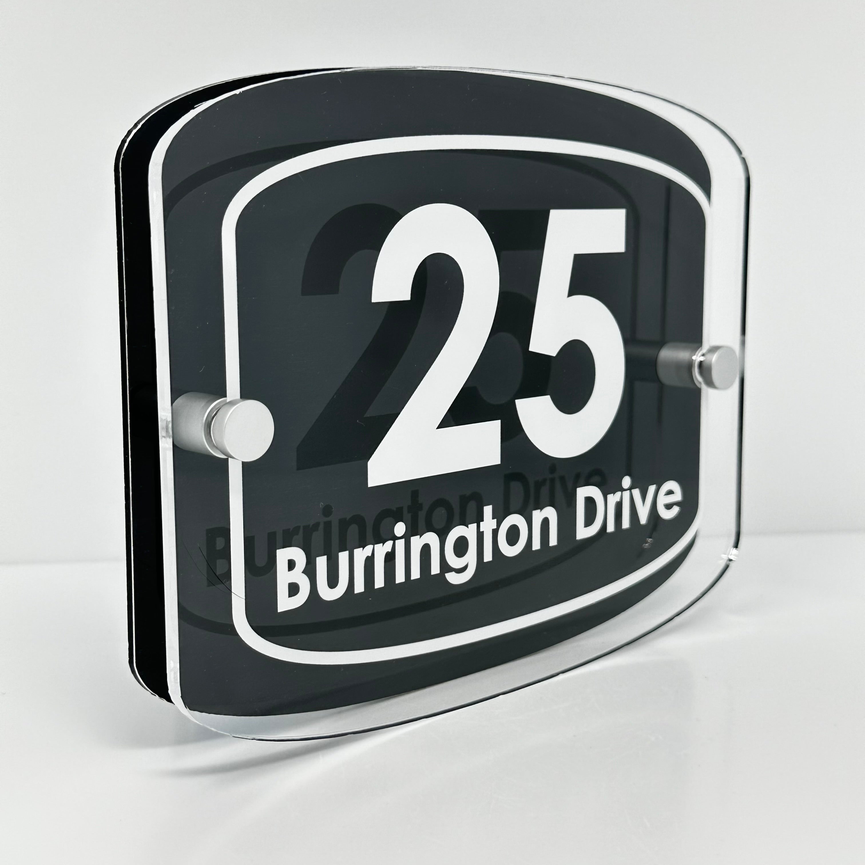 The Burrington Modern House Sign with Perspex Acrylic Front, Black Rear Panel and Satin Silver Stand Off Fixings ( Size - 20cm x 16cm )