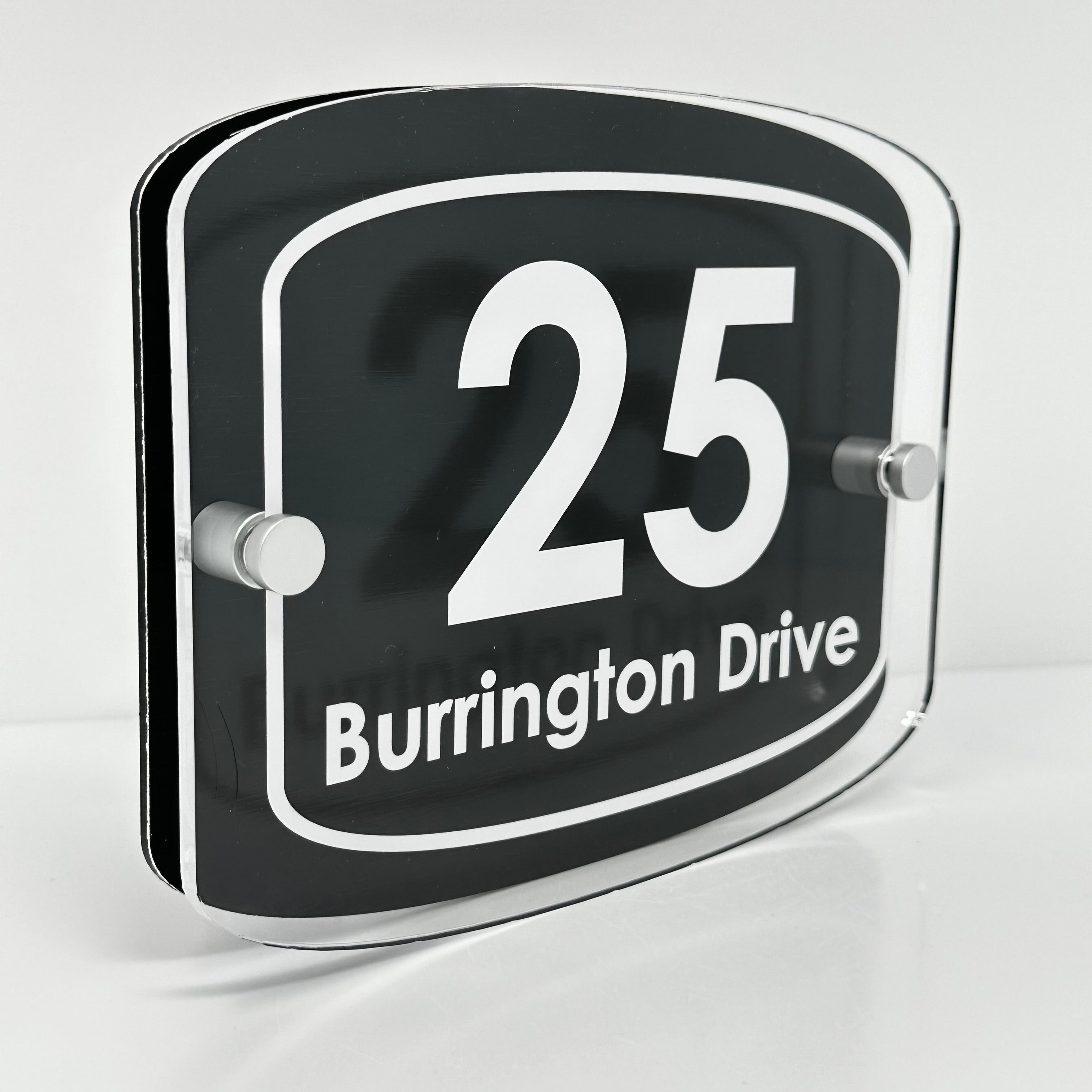 The Burrington Modern House Sign with Perspex Acrylic Front, Anthracite Grey Rear Panel and Satin Silver Stand Off Fixings ( Size - 20cm x 16cm )