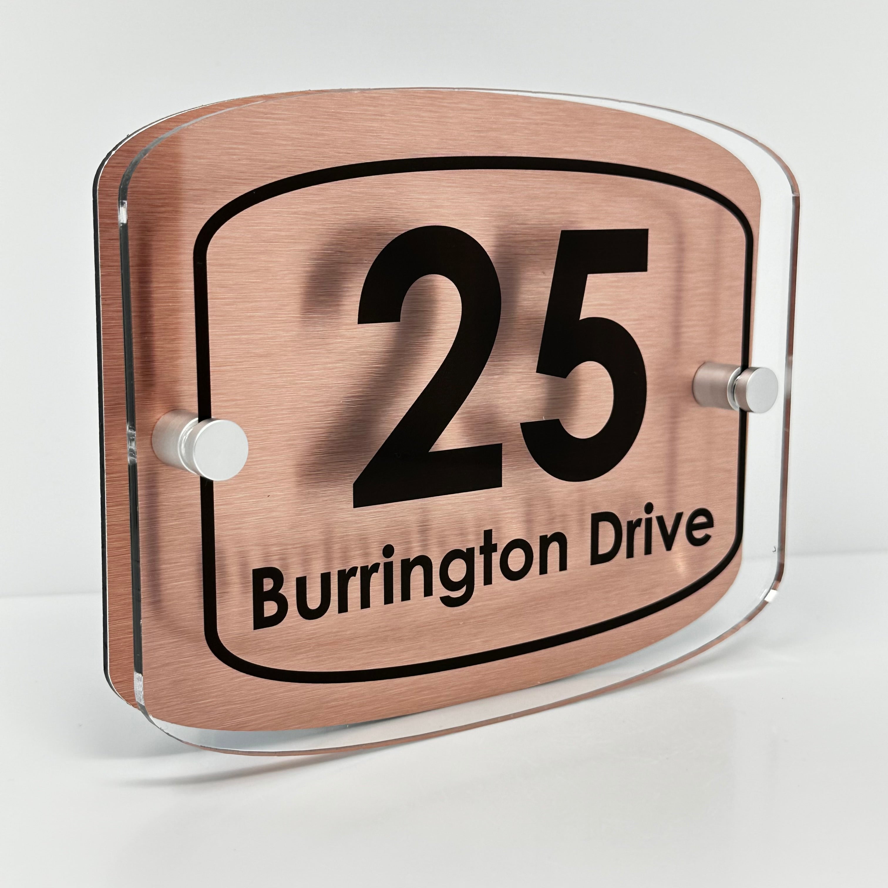 The Burrington Modern House Sign with Perspex Acrylic Front, Copper Rear Panel and Satin Silver Stand Off Fixings ( Size - 20cm x 16cm )