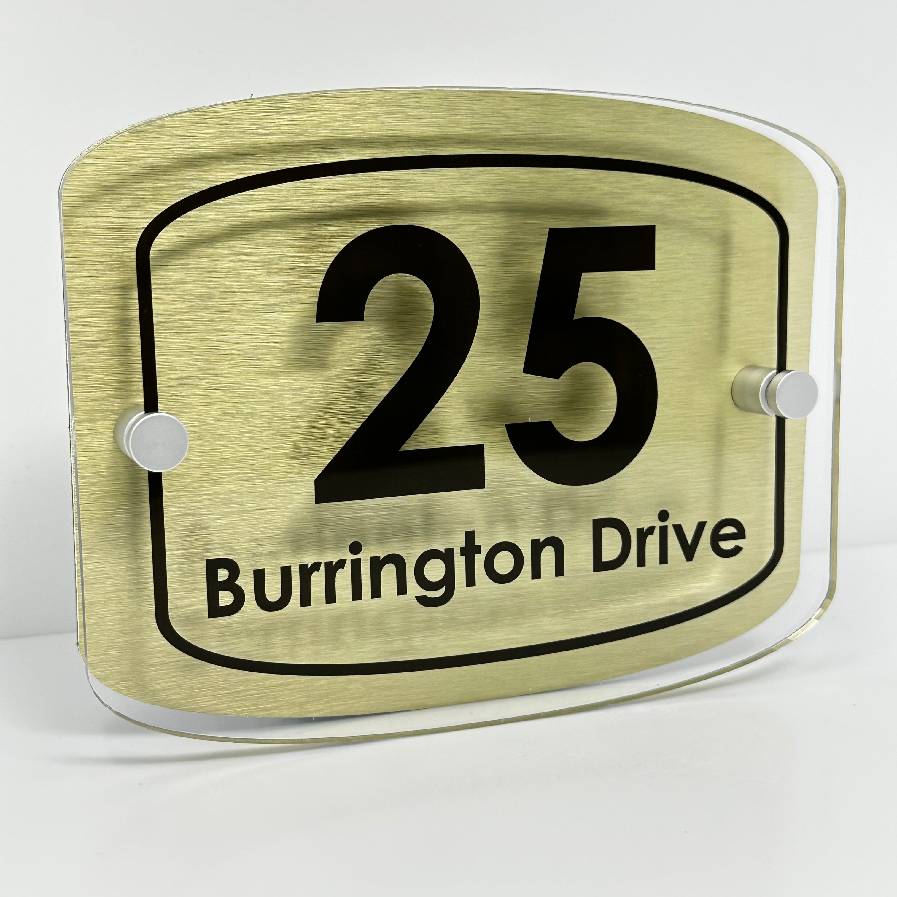 The Burrington Modern House Sign with Perspex Acrylic Front, Gold Rear Panel and Satin Silver Stand Off Fixings ( Size - 20cm x 16cm )