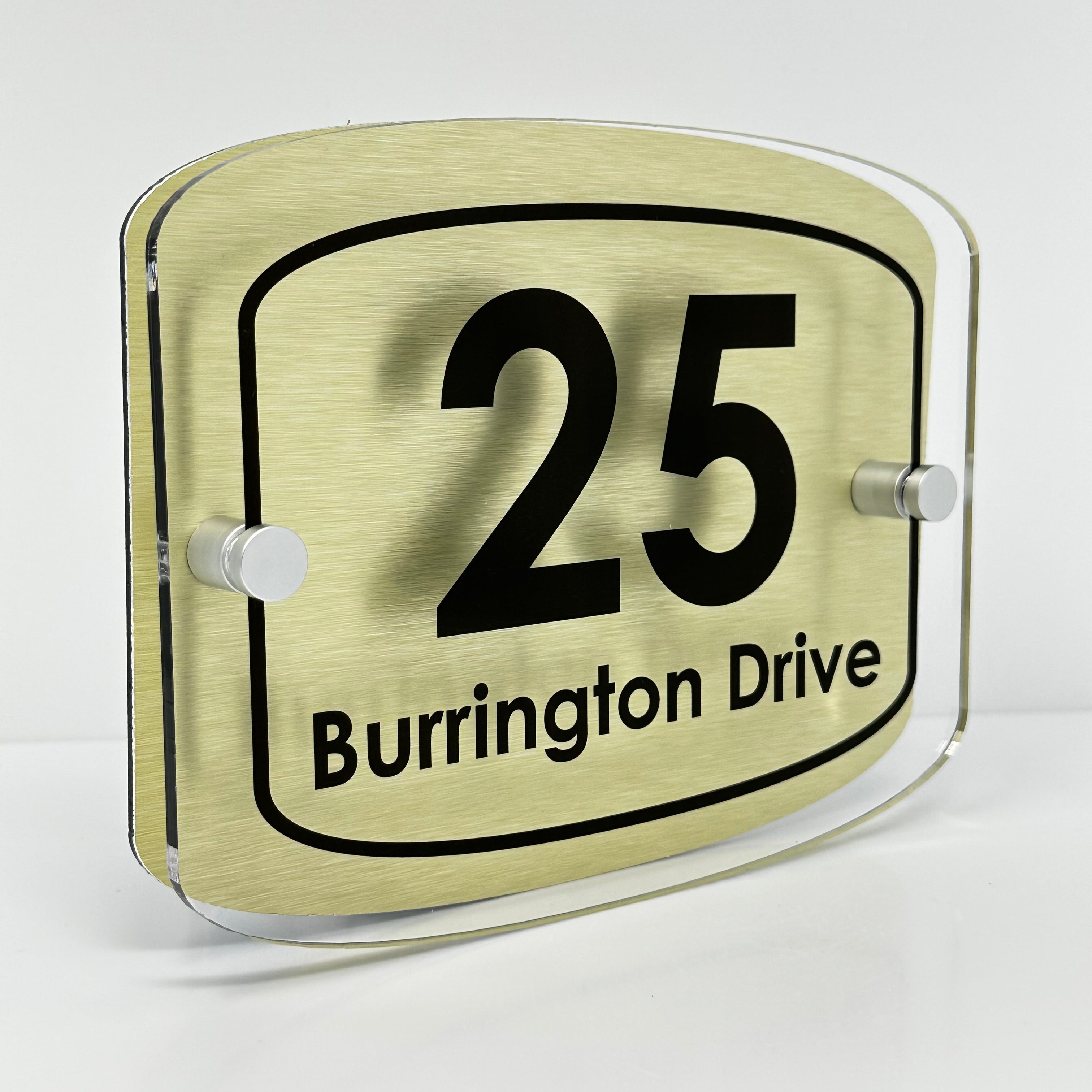 The Burrington Modern House Sign with Perspex Acrylic Front, Gold Rear Panel and Satin Silver Stand Off Fixings ( Size - 20cm x 16cm )