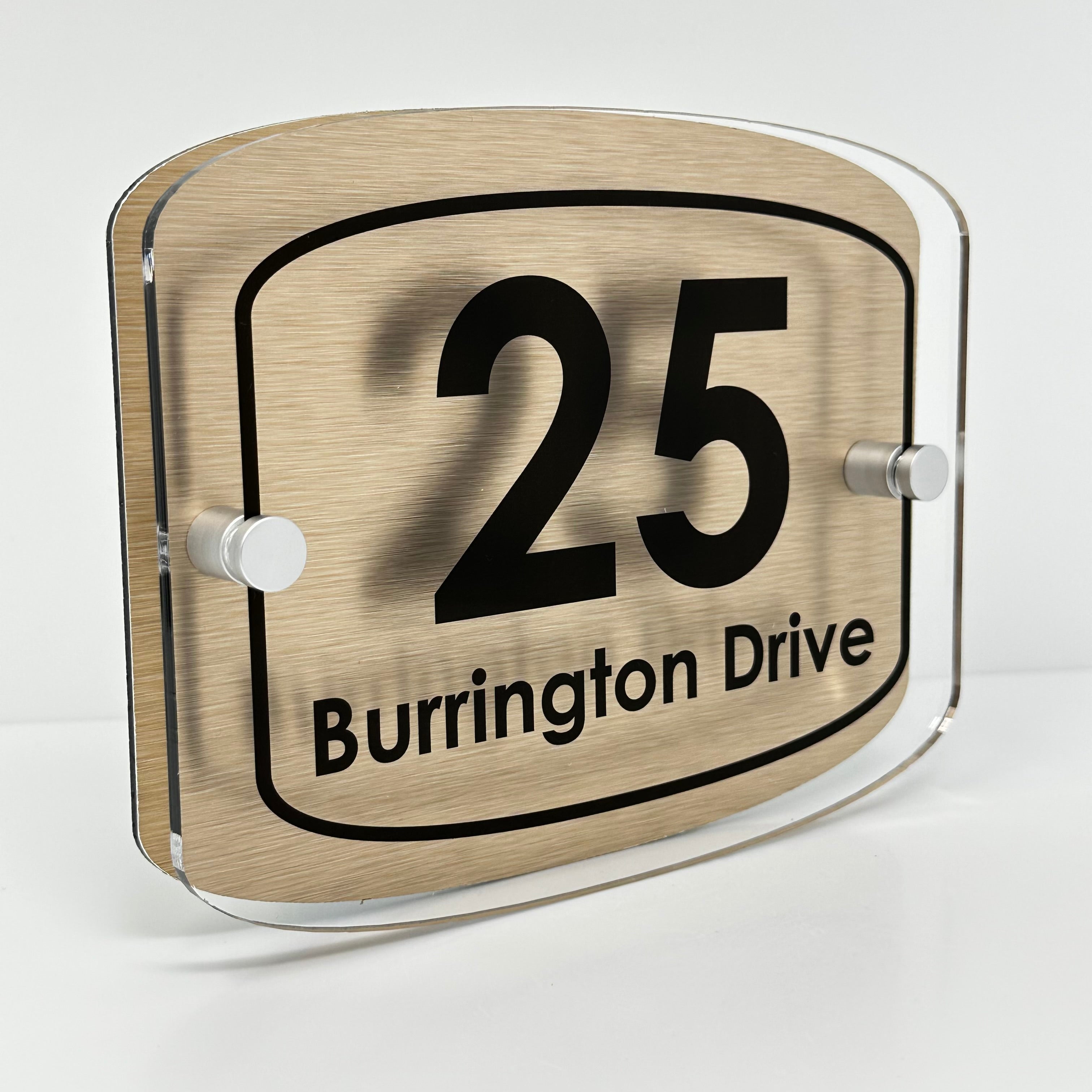The Burrington Modern House Sign with Perspex Acrylic Front, Brass Rear Panel and Satin Silver Stand Off Fixings ( Size - 20cm x 16cm )